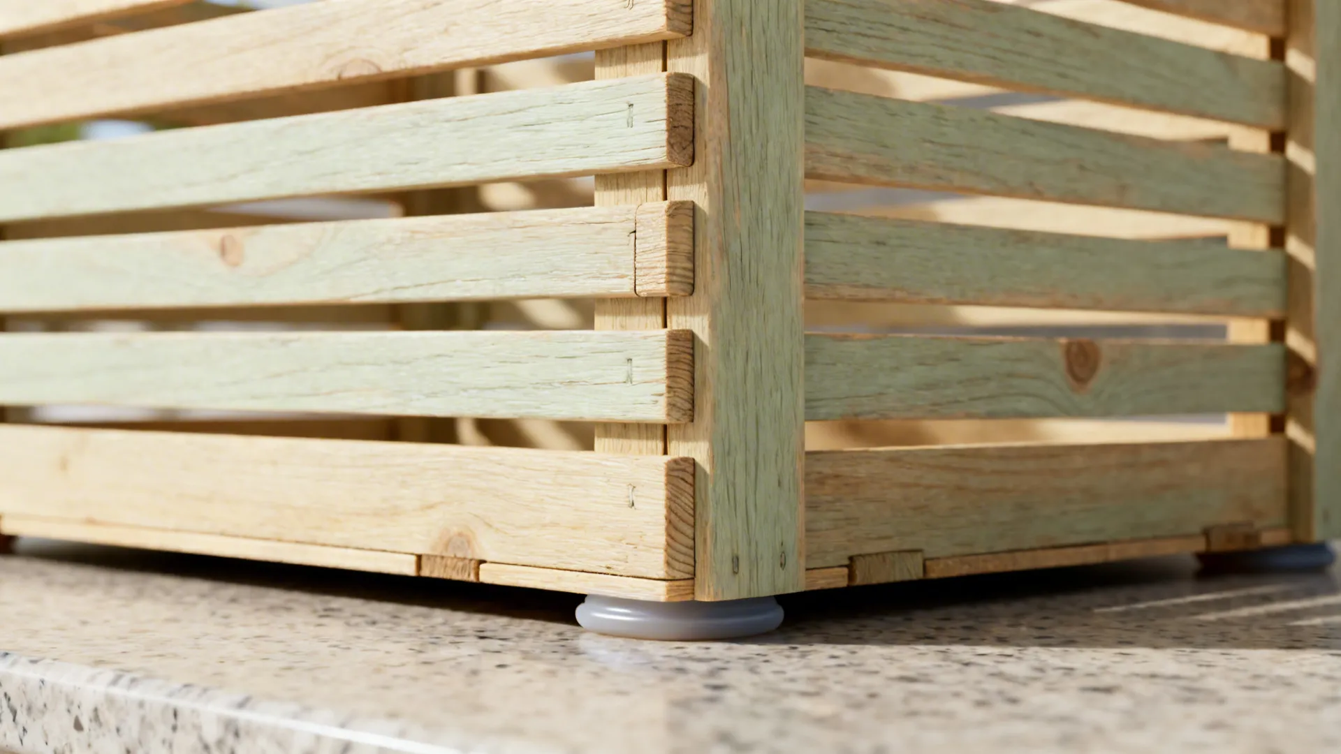 Macro of slatted pine crate with finger joints and silicone feet for breathable countertop storage.