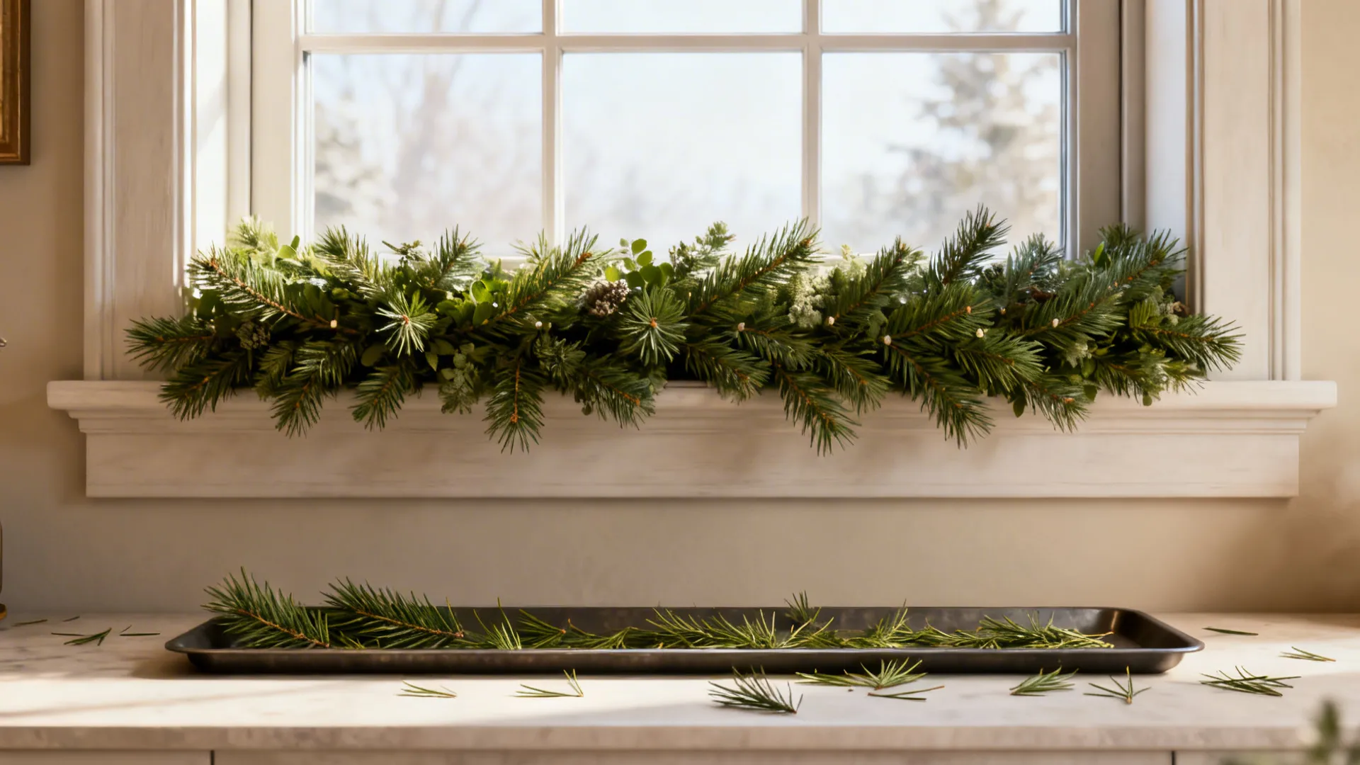4. Greenery Swags and Garland with Real Pine Sprigs