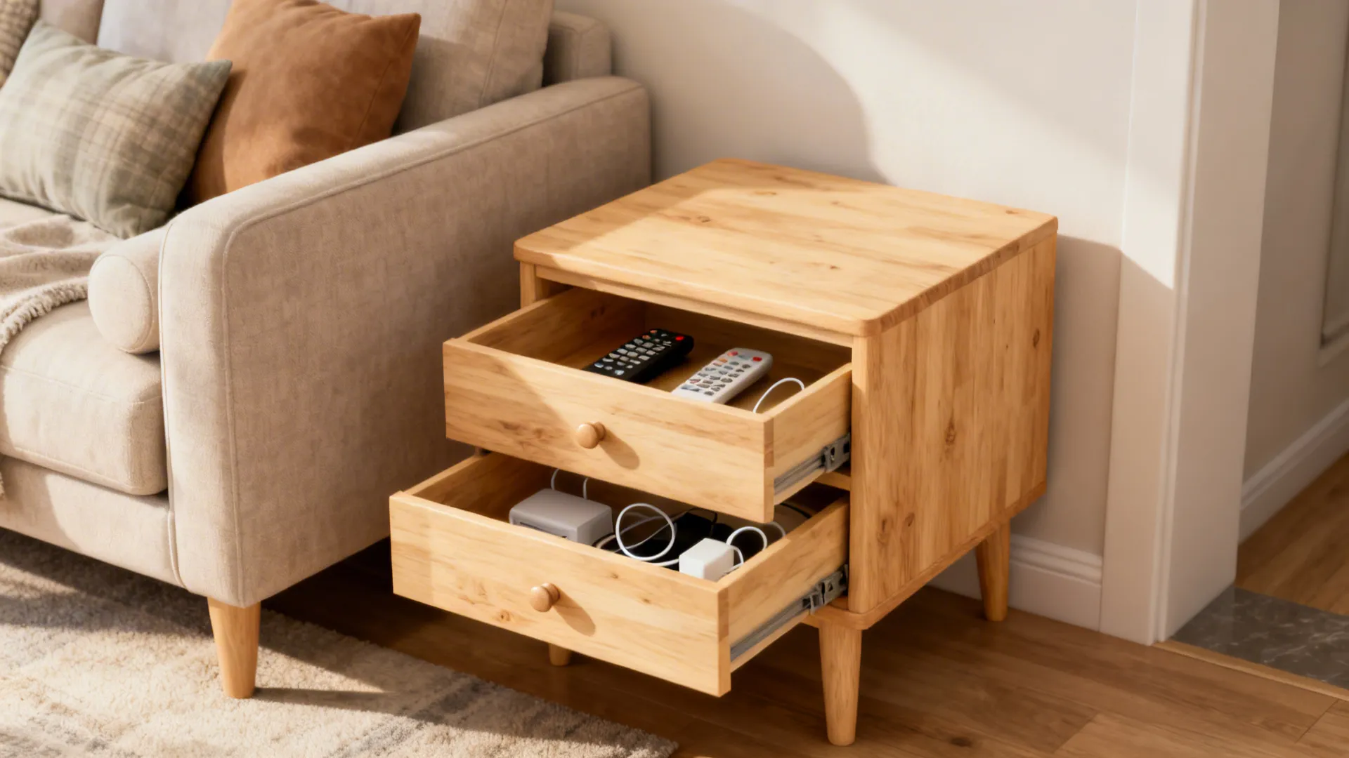 Compact pine side table with two drawers beside a sofa, storing remotes and chargers
