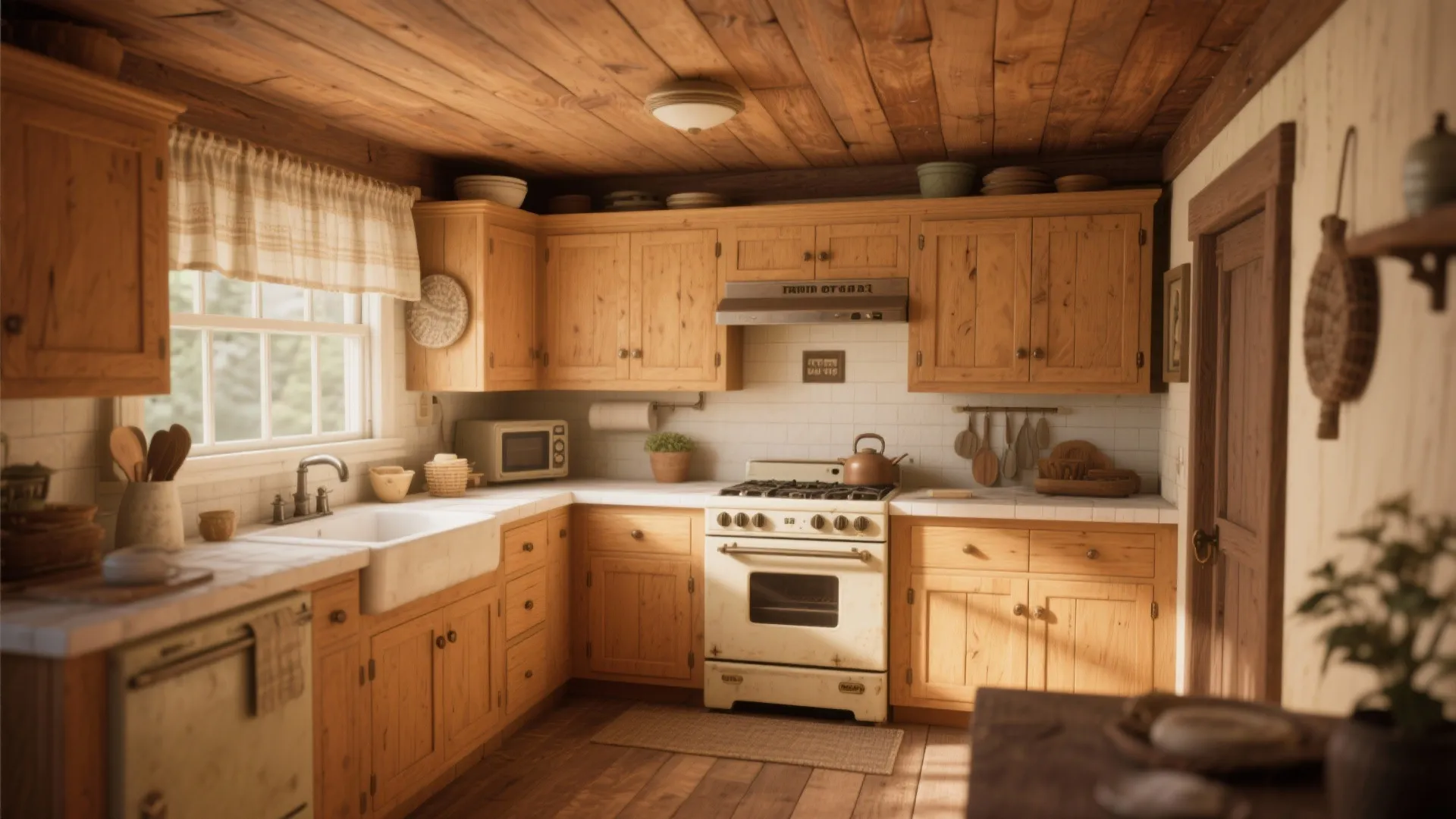 Rustic kitchen featuring pine wood ceiling panels with matching wooden cabinets and a white vintage stove
