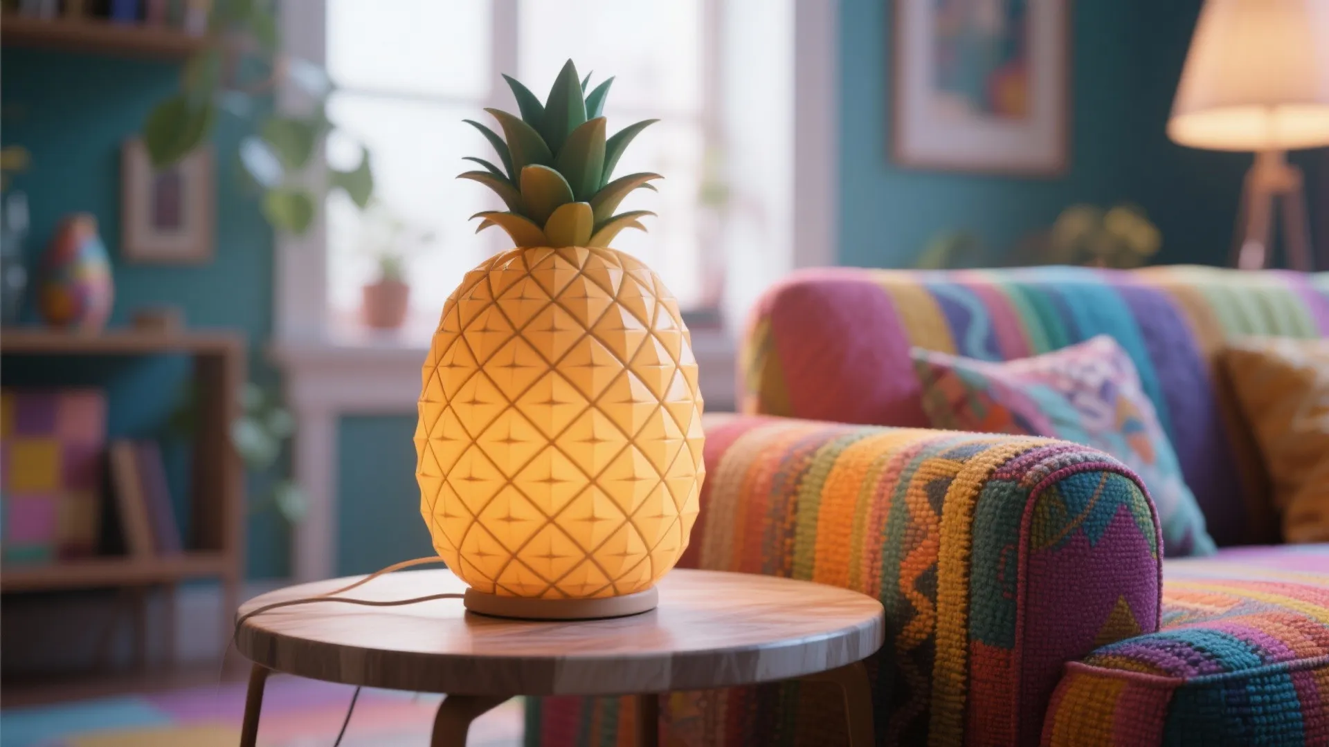 Pineapple-shaped lamp on a side table in eclectic living room