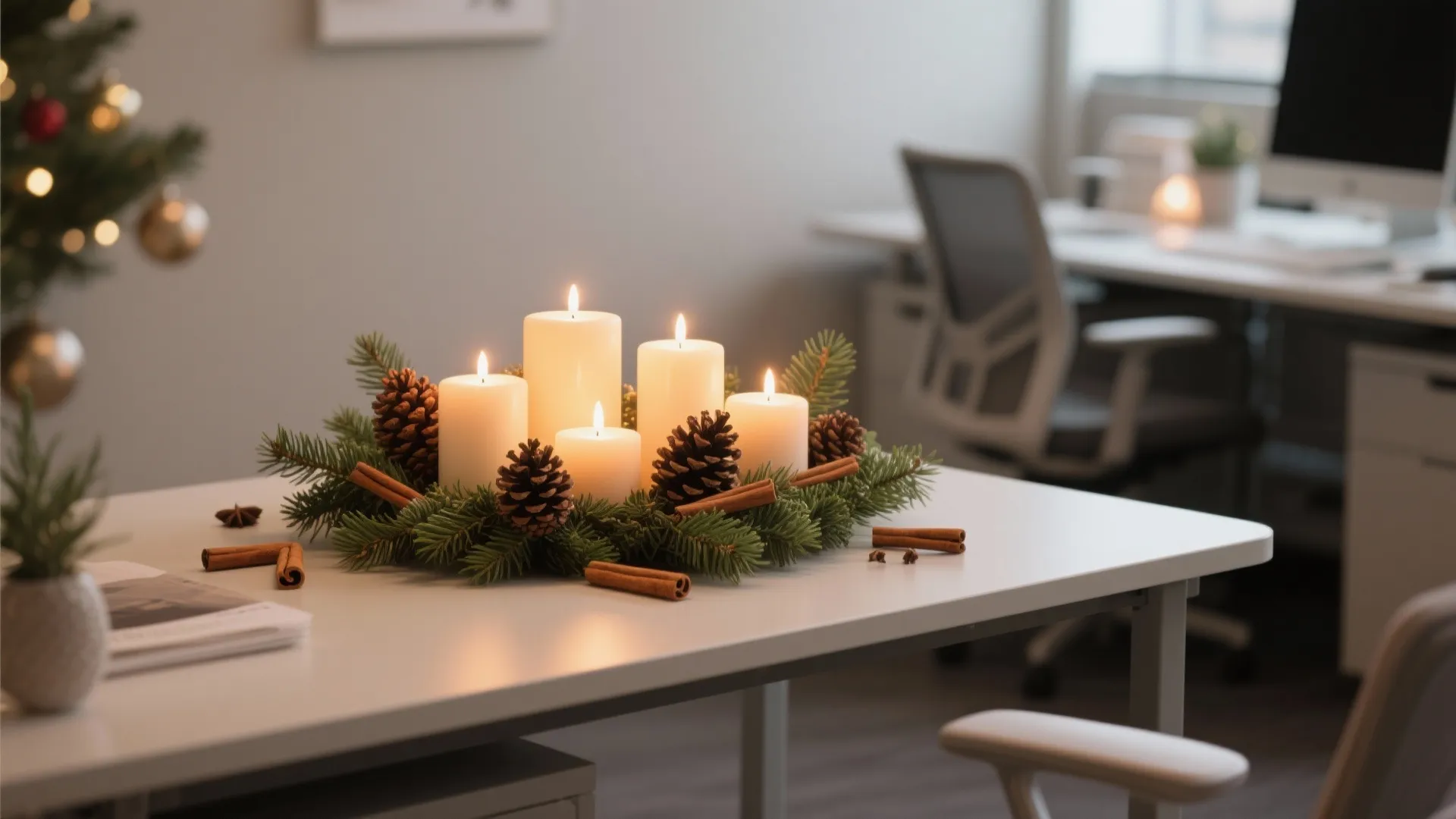 Five lit white candles surrounded by pine cones and green branches on a white desk
