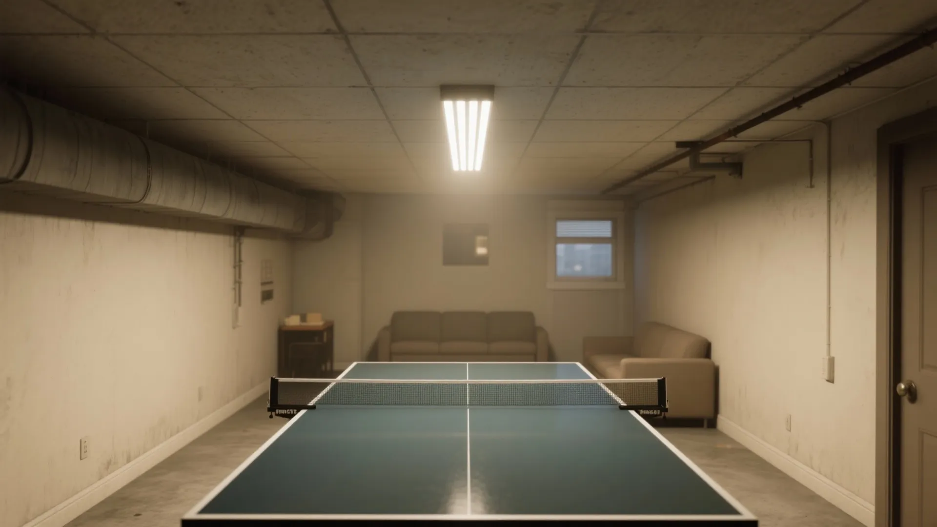 Basement recreational space featuring a long ceiling light fixture over a professional ping pong table