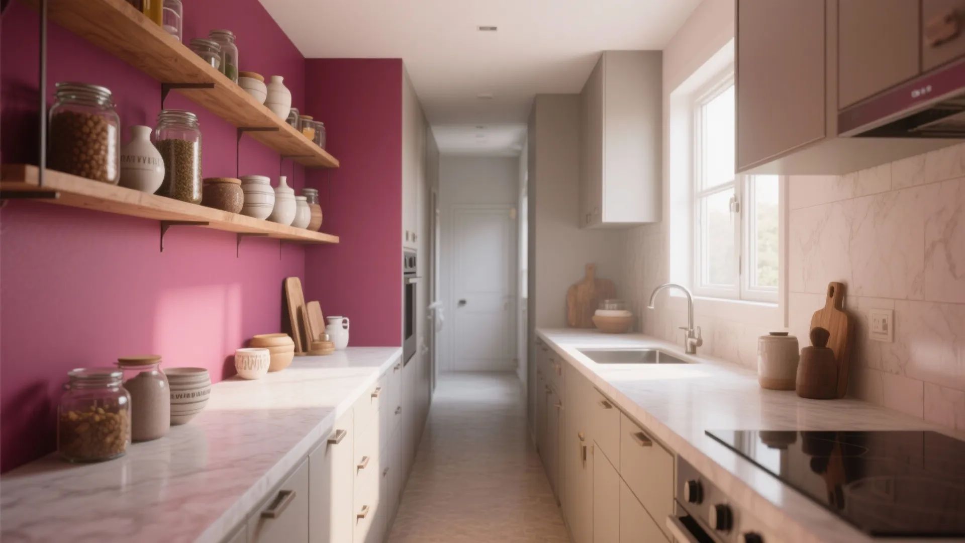 2. Pink Accent Wall with Open Shelving