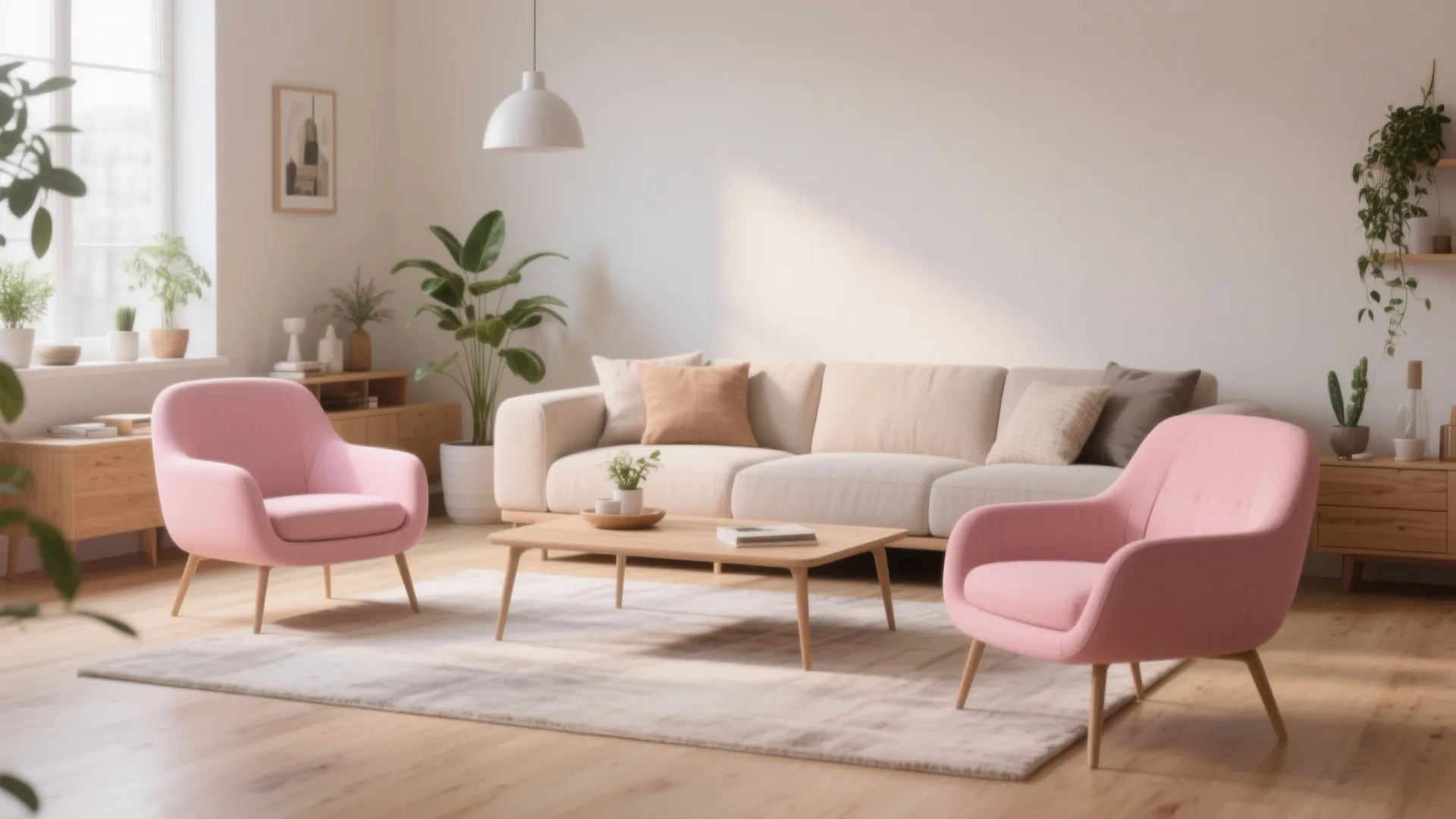 Bright living room with beige sofa, two pink accent chairs, wooden coffee table, and green plants