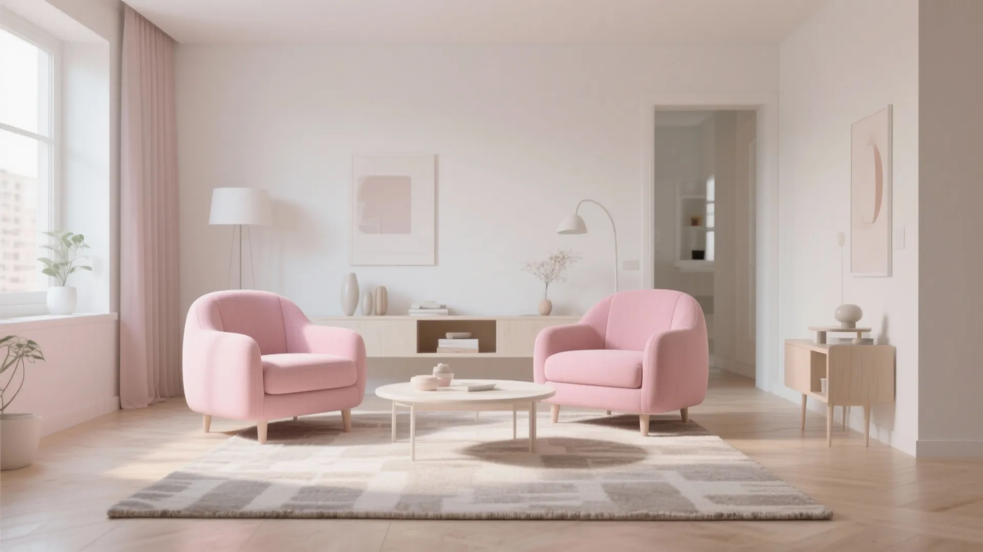 Two pink chairs facing each other with wooden cabinet, round table, and light wood flooring