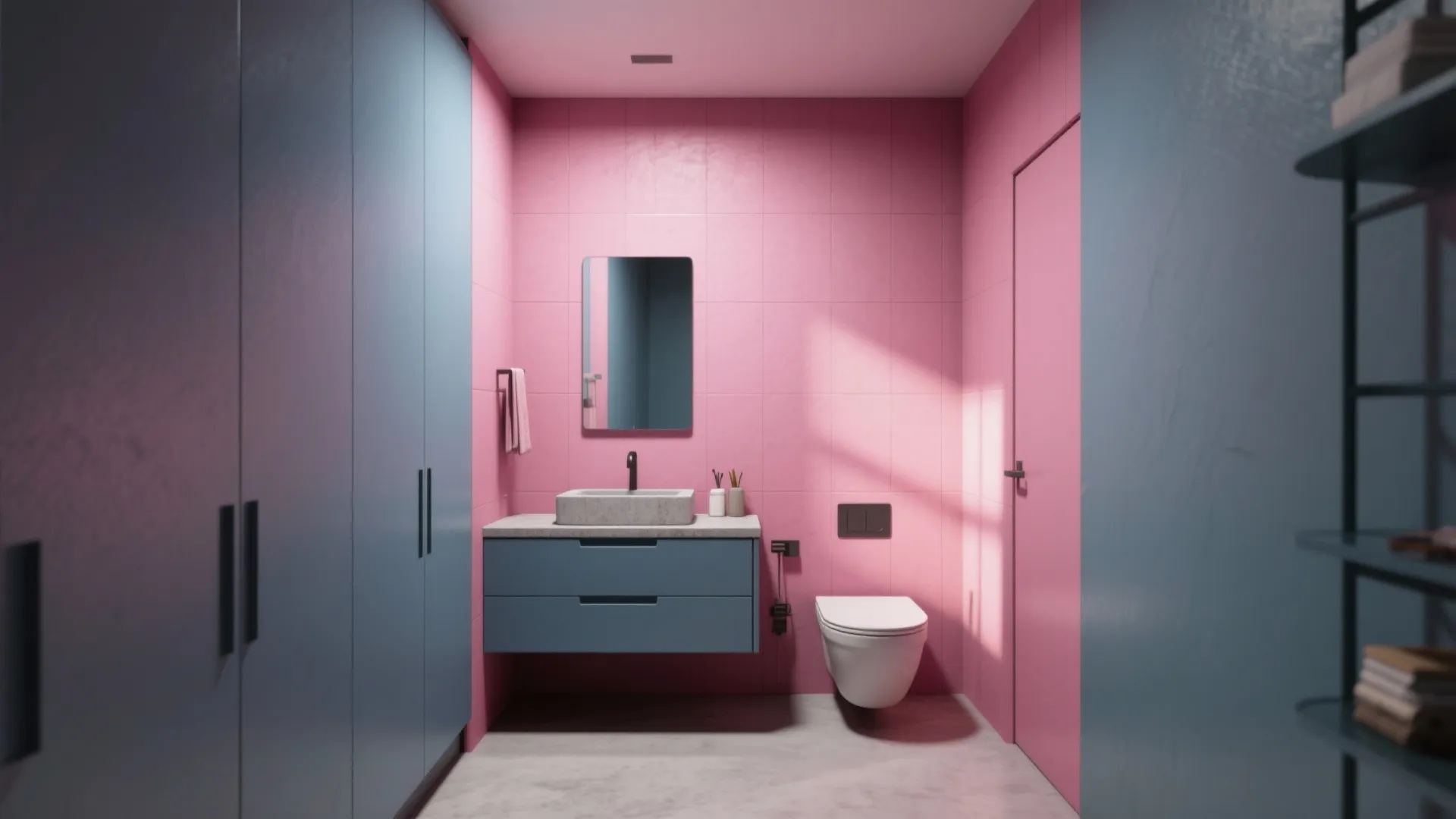 Modern bathroom with pink wall tiles blue cabinet white toilet square mirror and grey stone floor