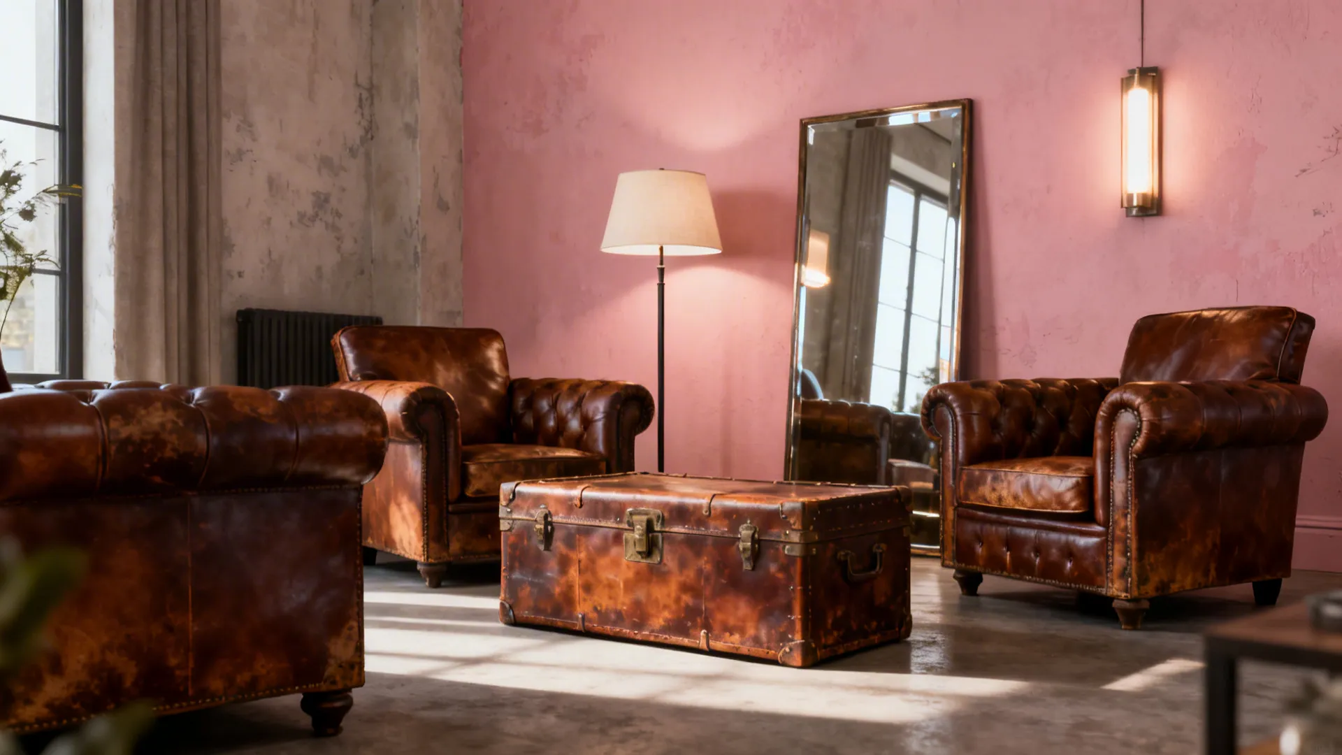 Muted pink accent wall paired with vintage brown leather chairs and a leather trunk