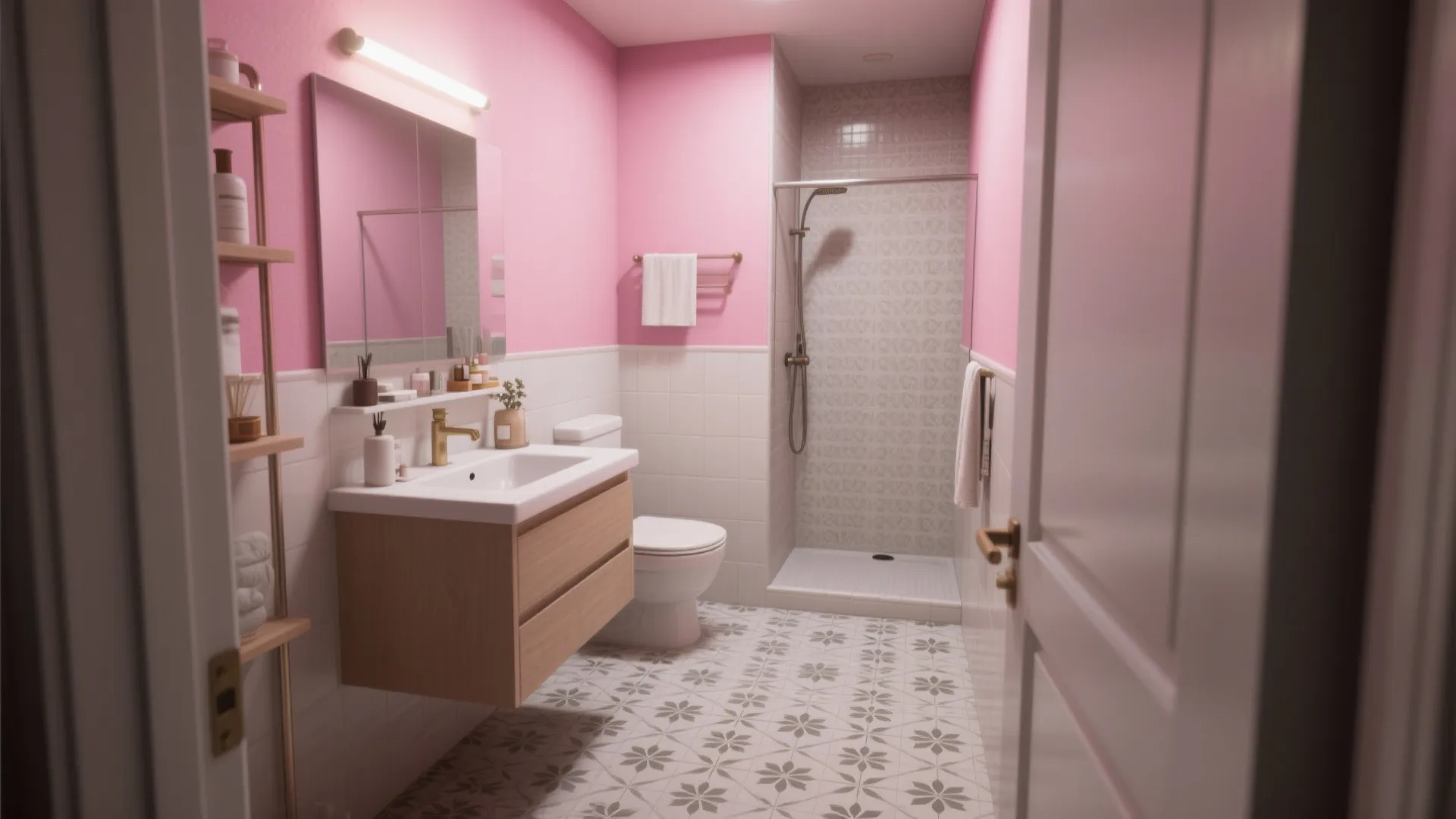 Small bathroom with a single pink accent wall behind the vanity and patterned floor tiles