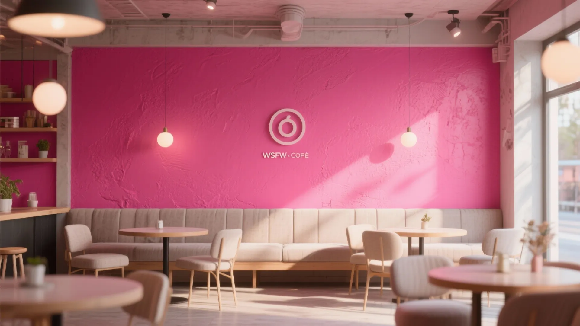 A vibrant pink accent wall in a cozy café setting