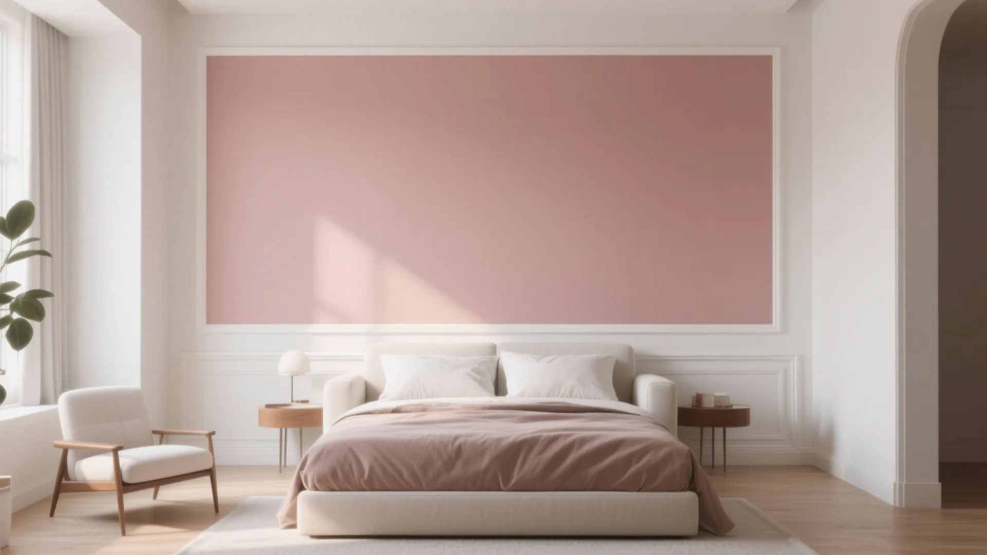 Modern bedroom featuring a pink accent wall with white paneling a large bed and chair