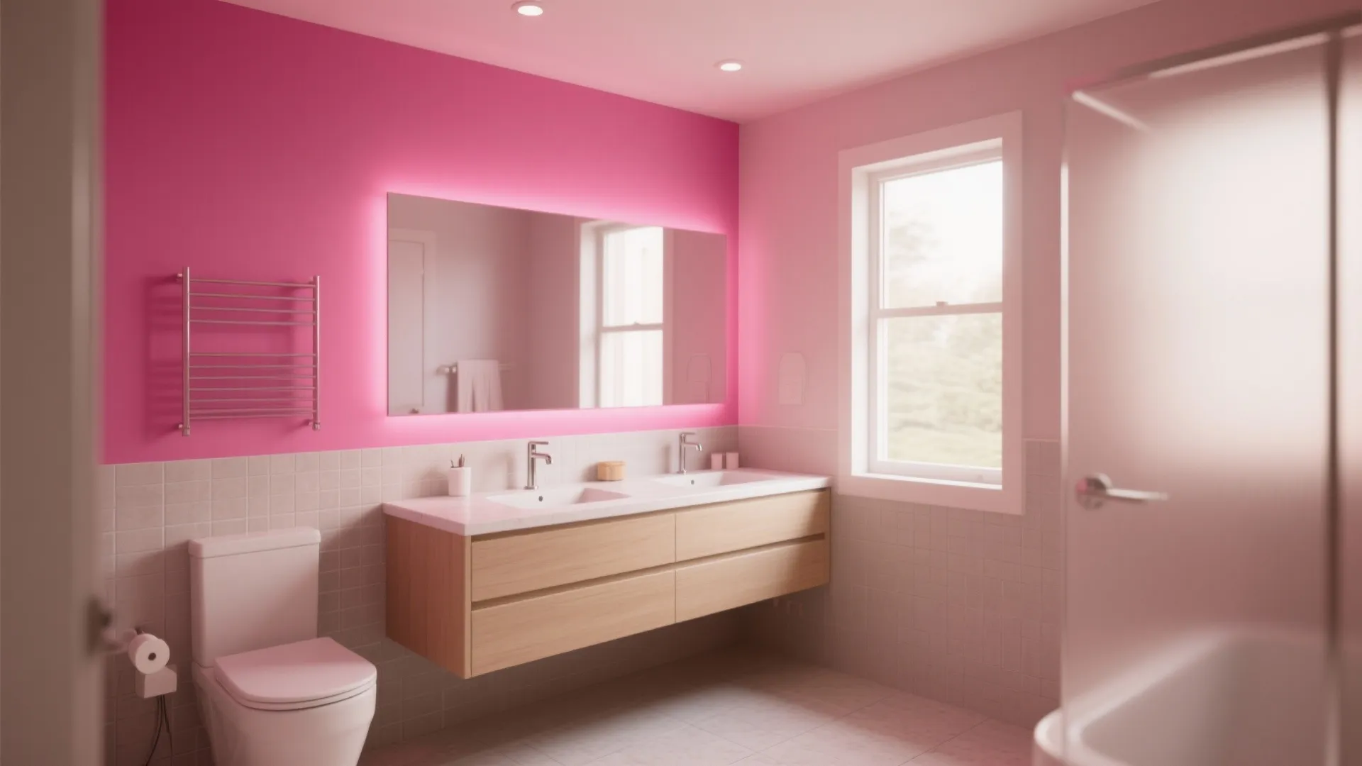 Bathroom with a bold rose-pink accent wall behind the vanity and neutral countertop