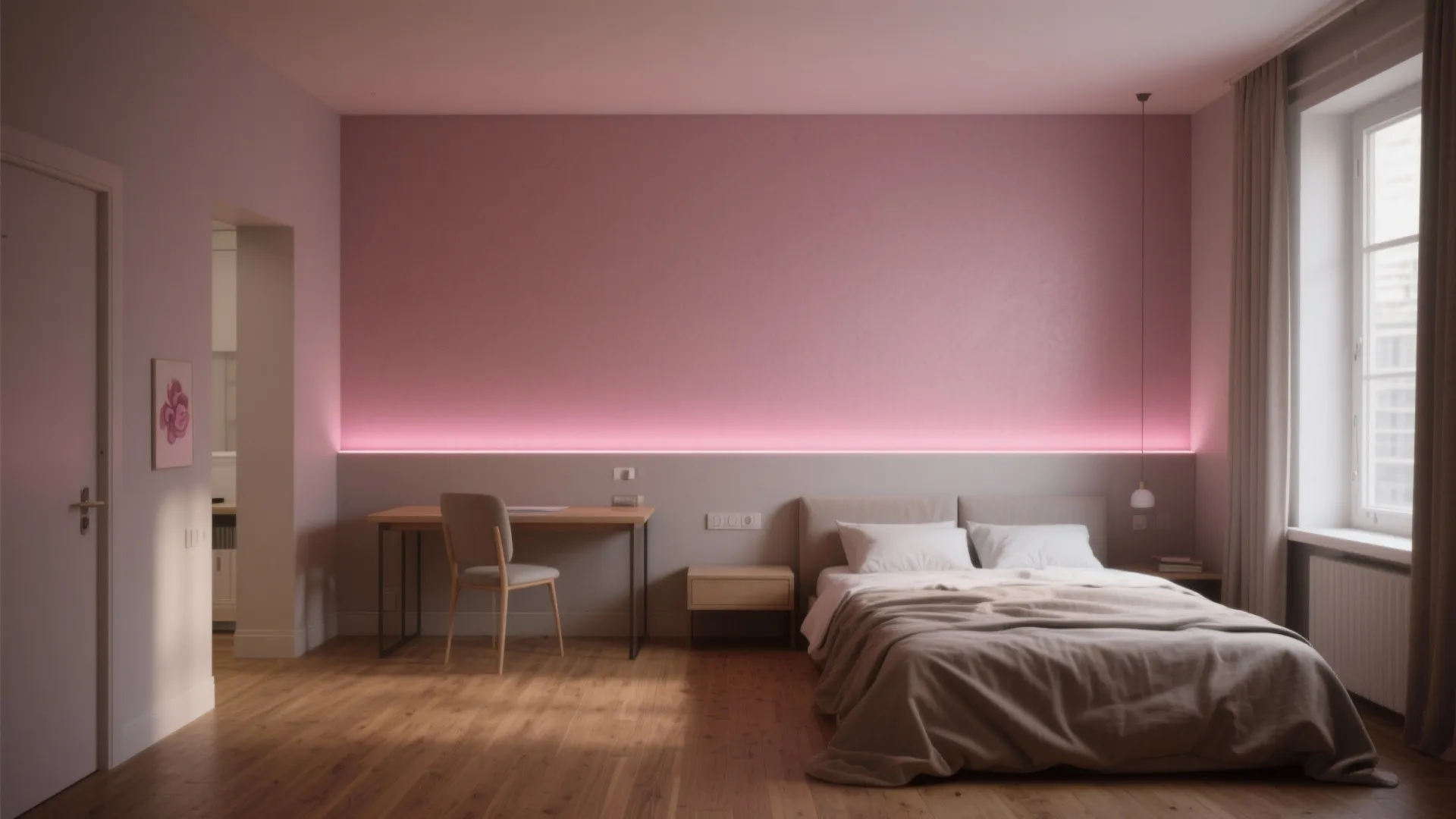 Studio apartment with a muted rose accent wall and integrated pink linear lighting that makes the wall recede