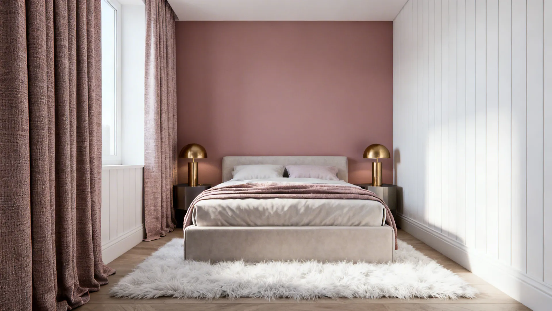 Small bedroom with a dusty pink accent wall, white beadboard, linen curtains and matte brass lamps.