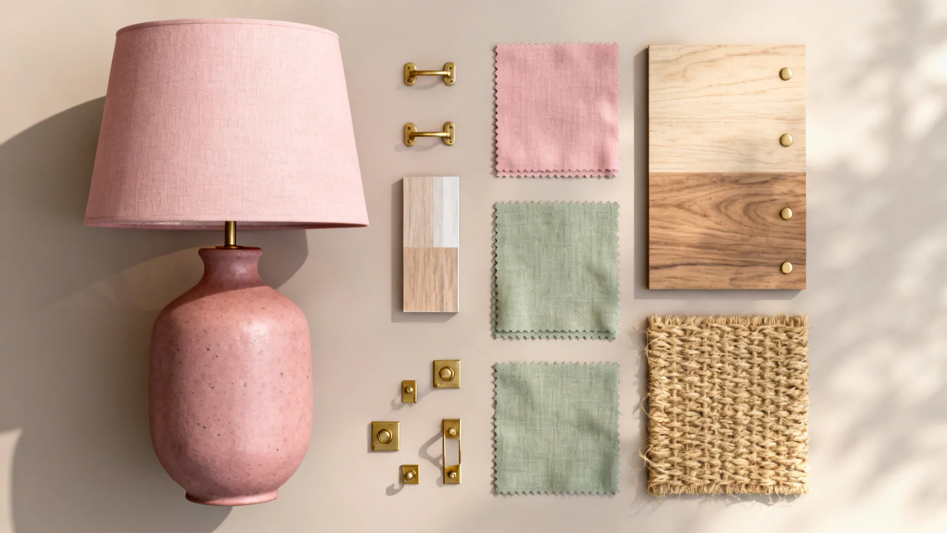 Flatlay of blush pink accents, sage fabric swatches, jute sample and brass details.
