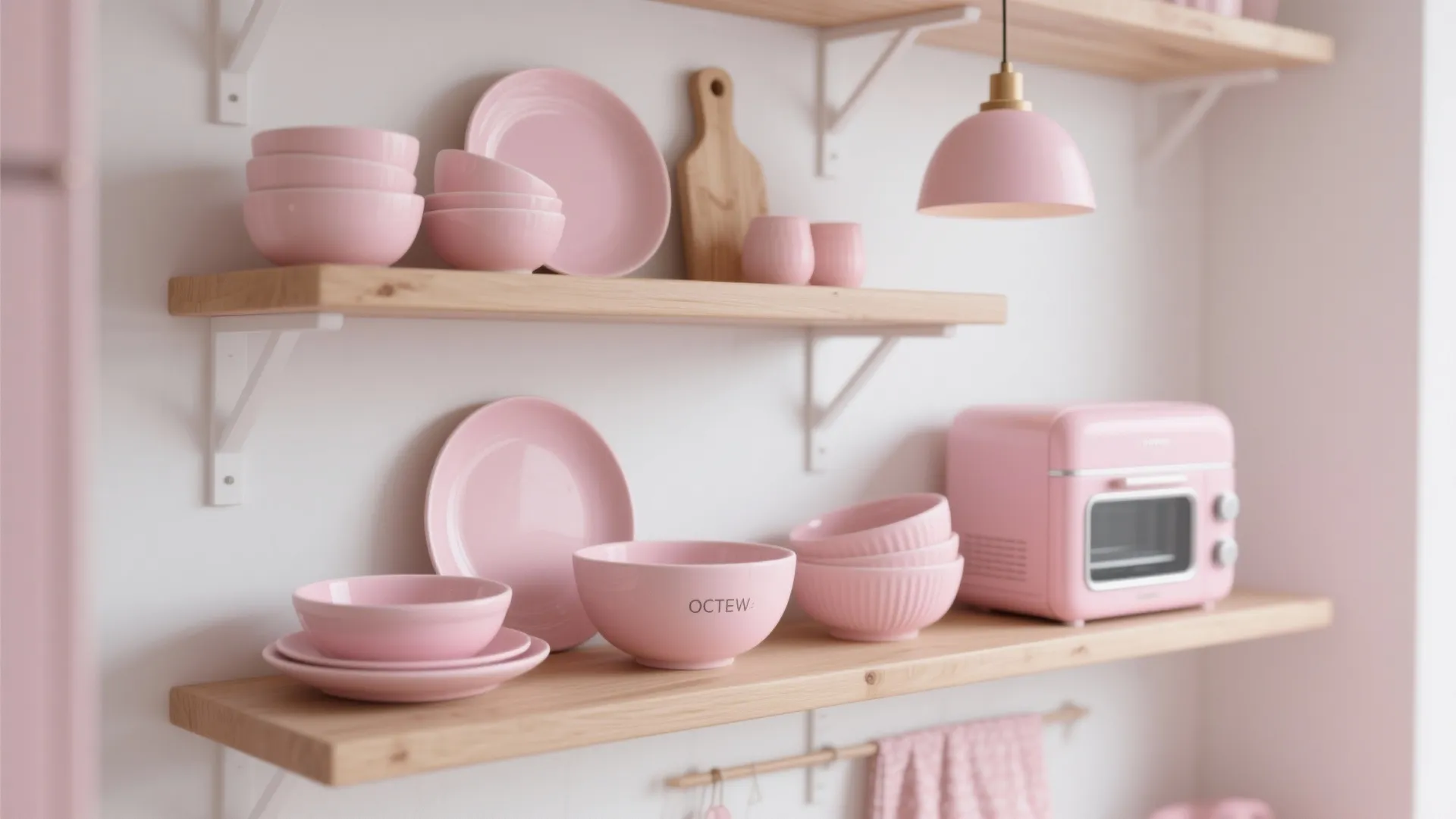 4. Pink accents with white cabinetry and open shelving