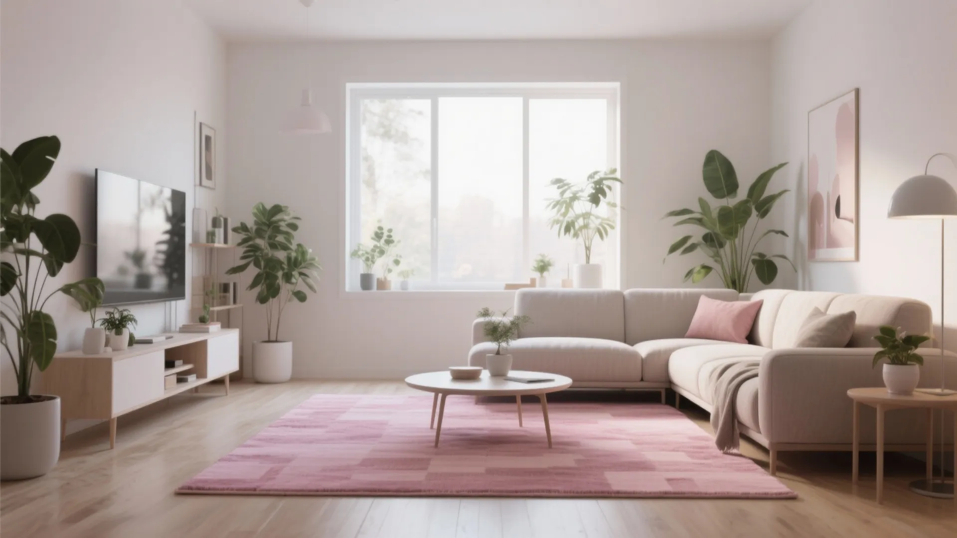 Modern living room with white sofa, large pink rug, wooden coffee table, indoor plants, and television