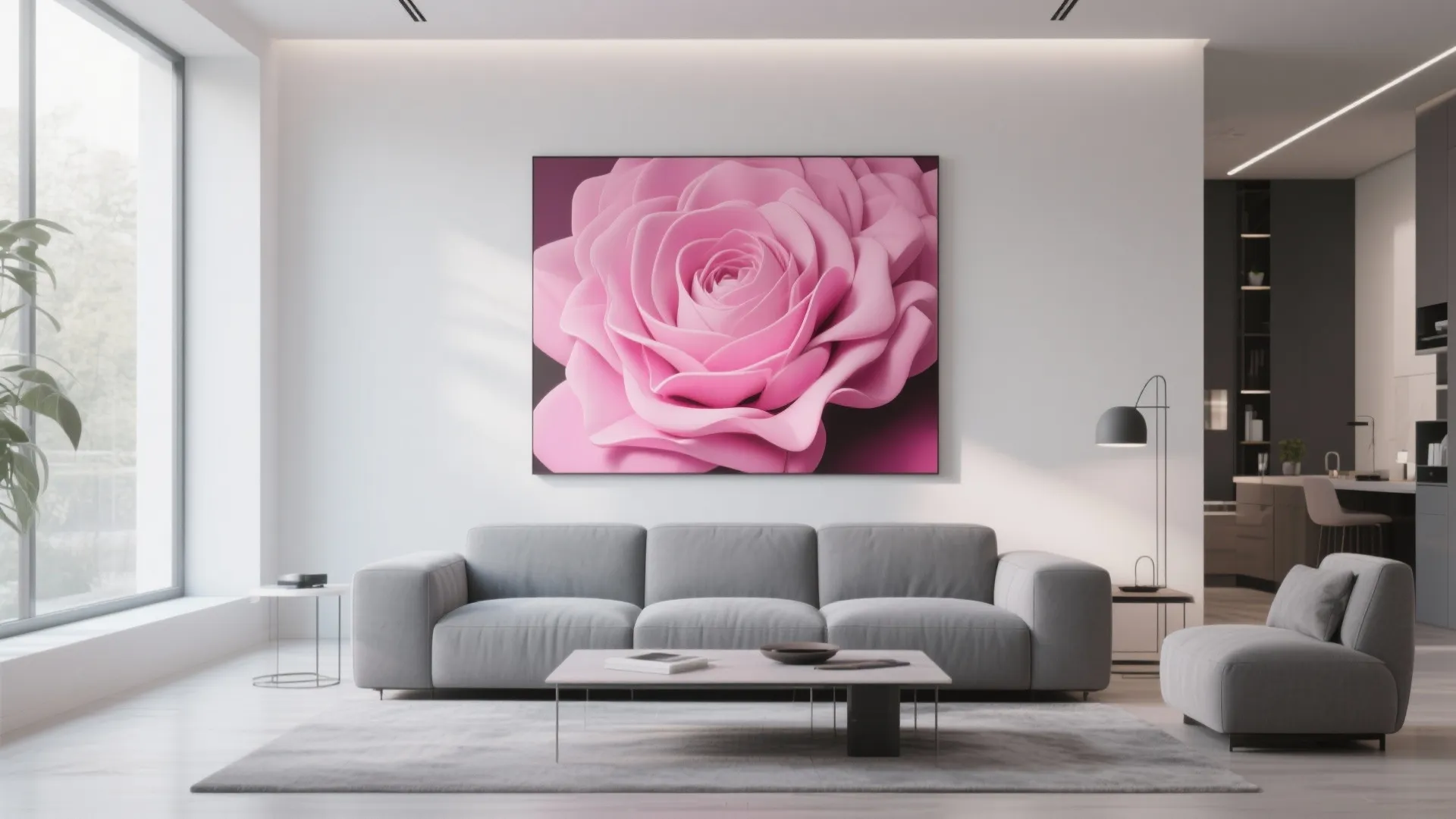 10. Statement Pink Artwork Above a Grey Sofa