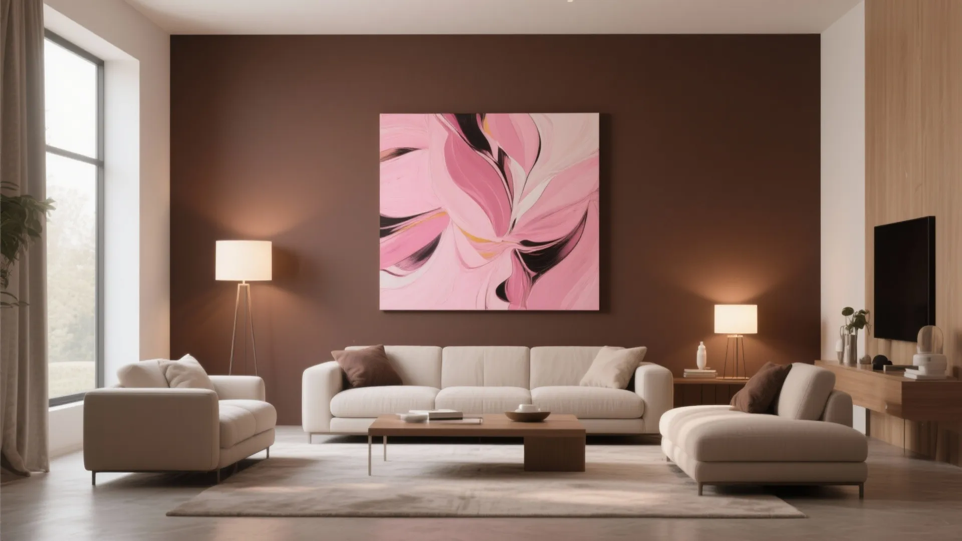 Contemporary living with pink art on brown wall