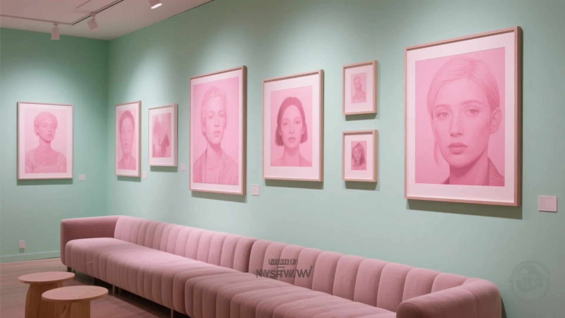 Mint green wall with pink portrait sketches above a long pink sofa and round wooden tables