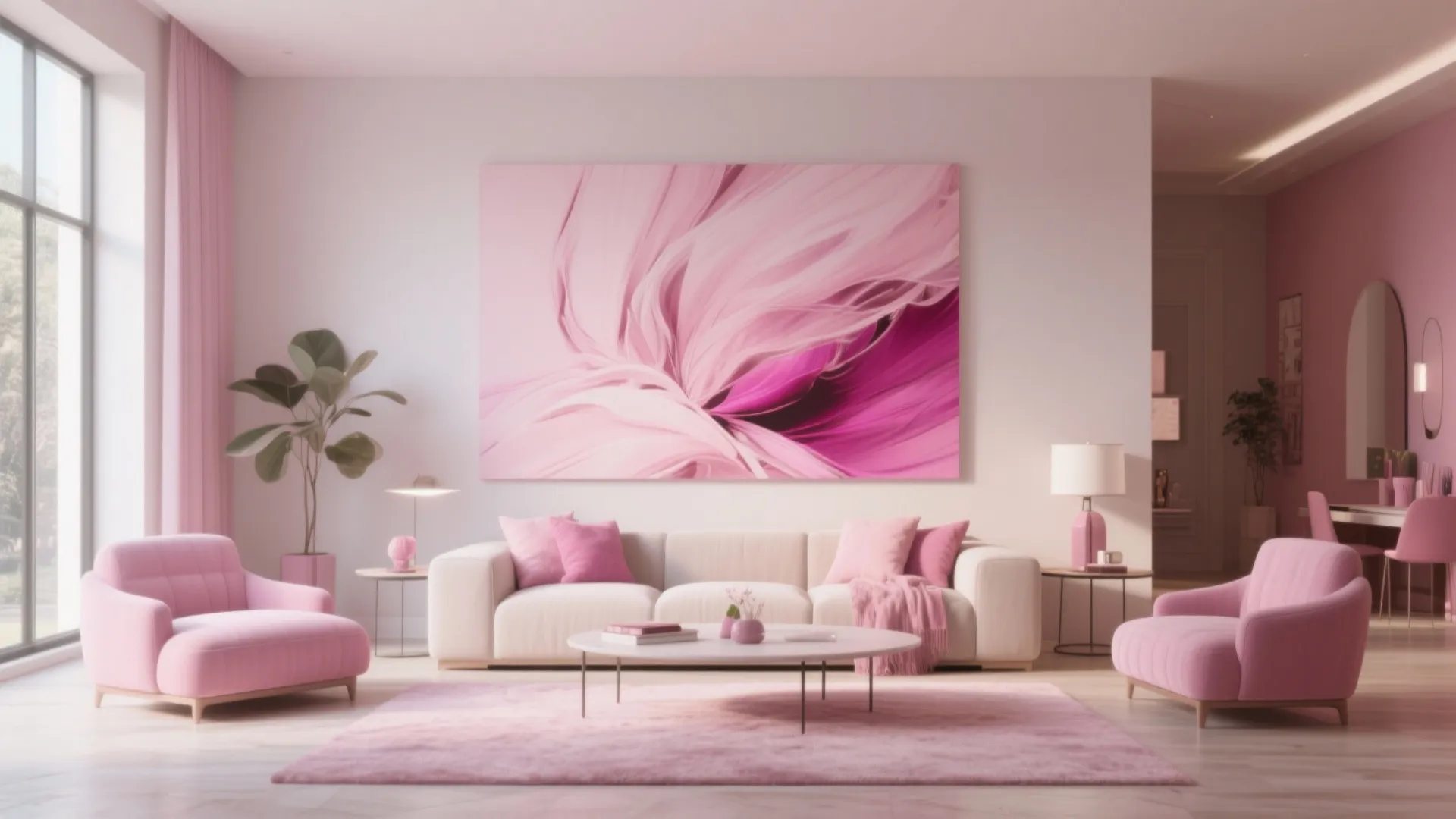 Bright living room featuring pink abstract wall art white sofa matching armchairs and soft rug