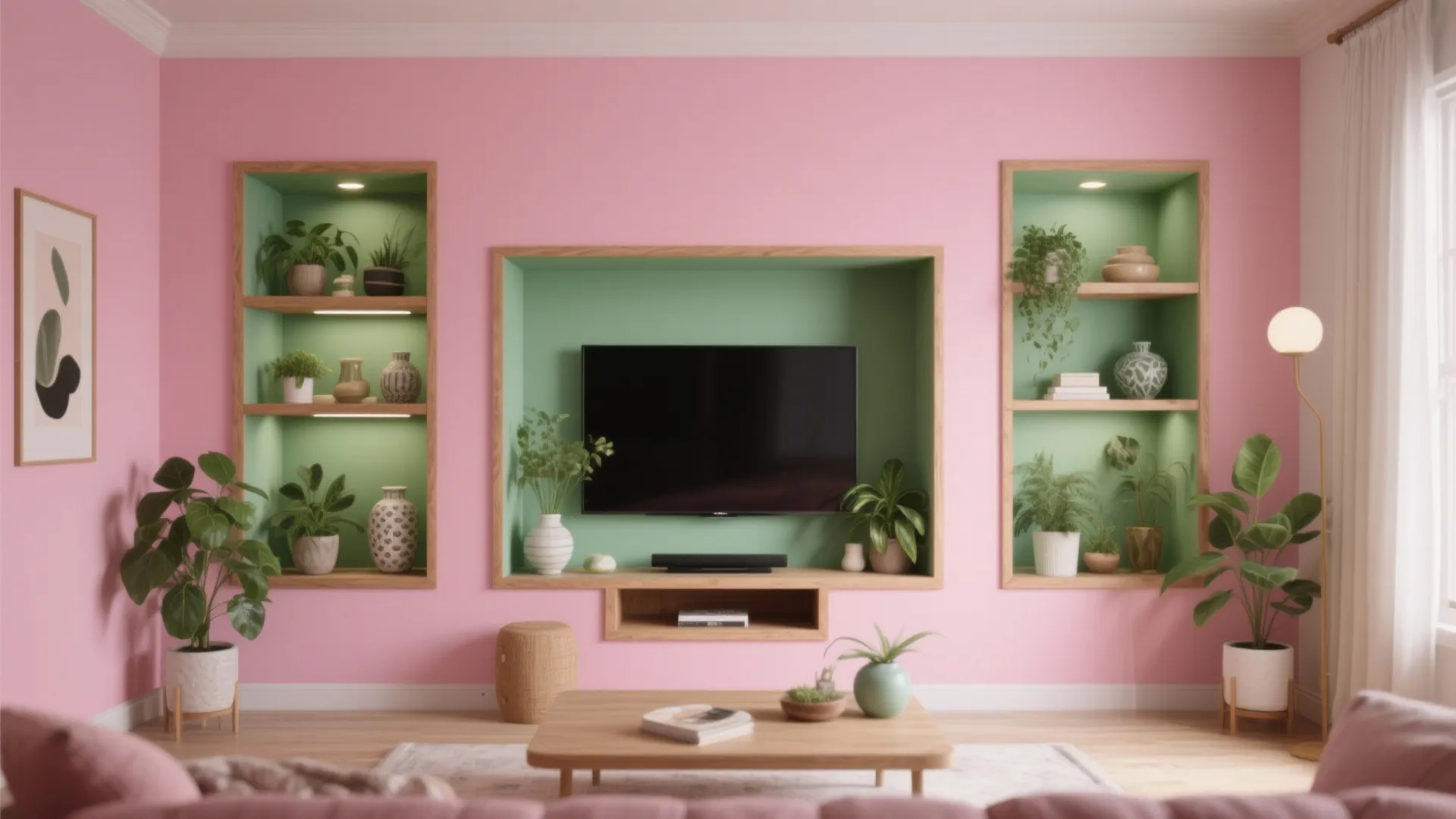 Living room with a pink main wall and sage-green recessed shelves filled with plants and art objects.