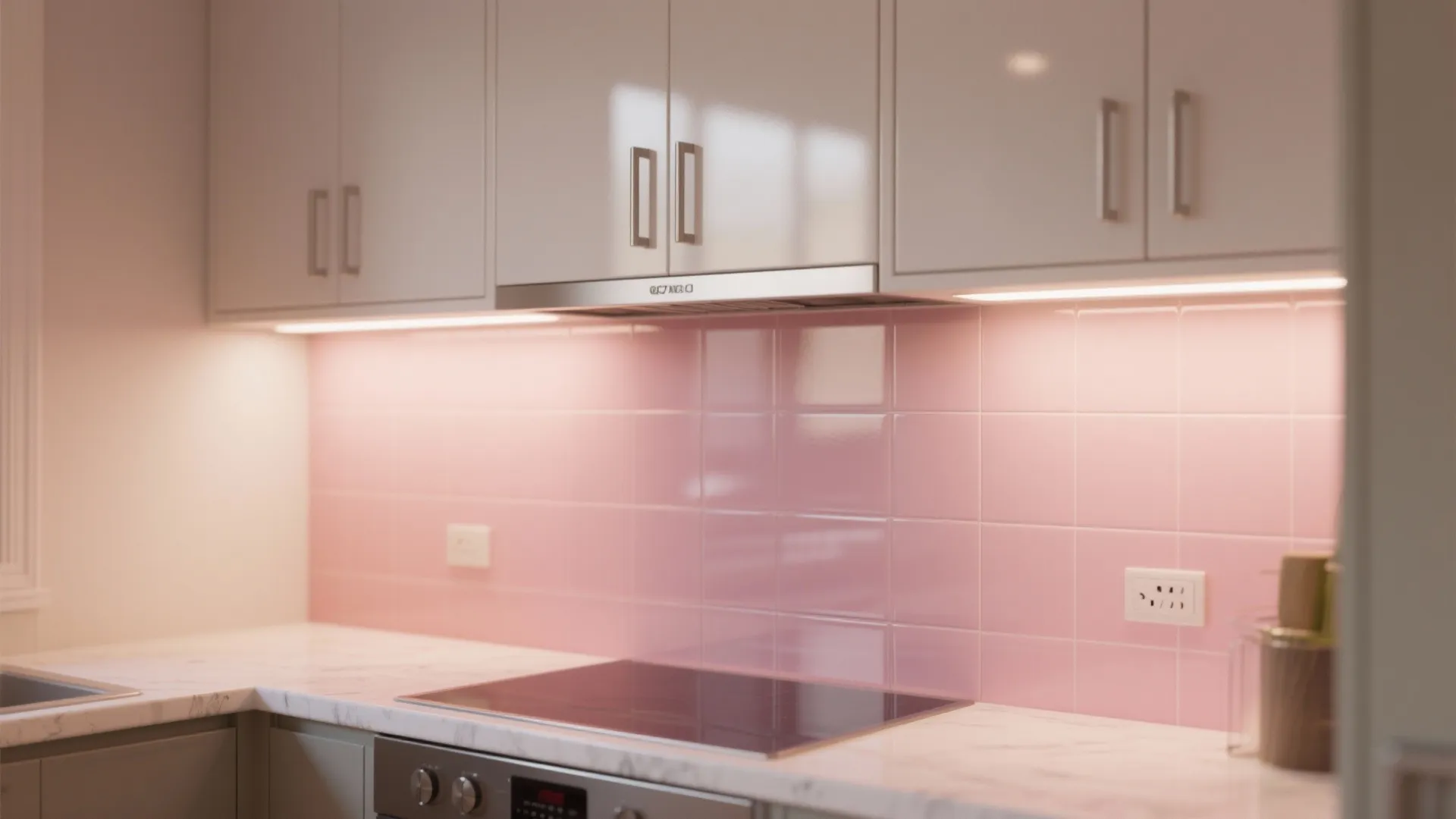 Light pink kitchen backsplash with glass or glaze