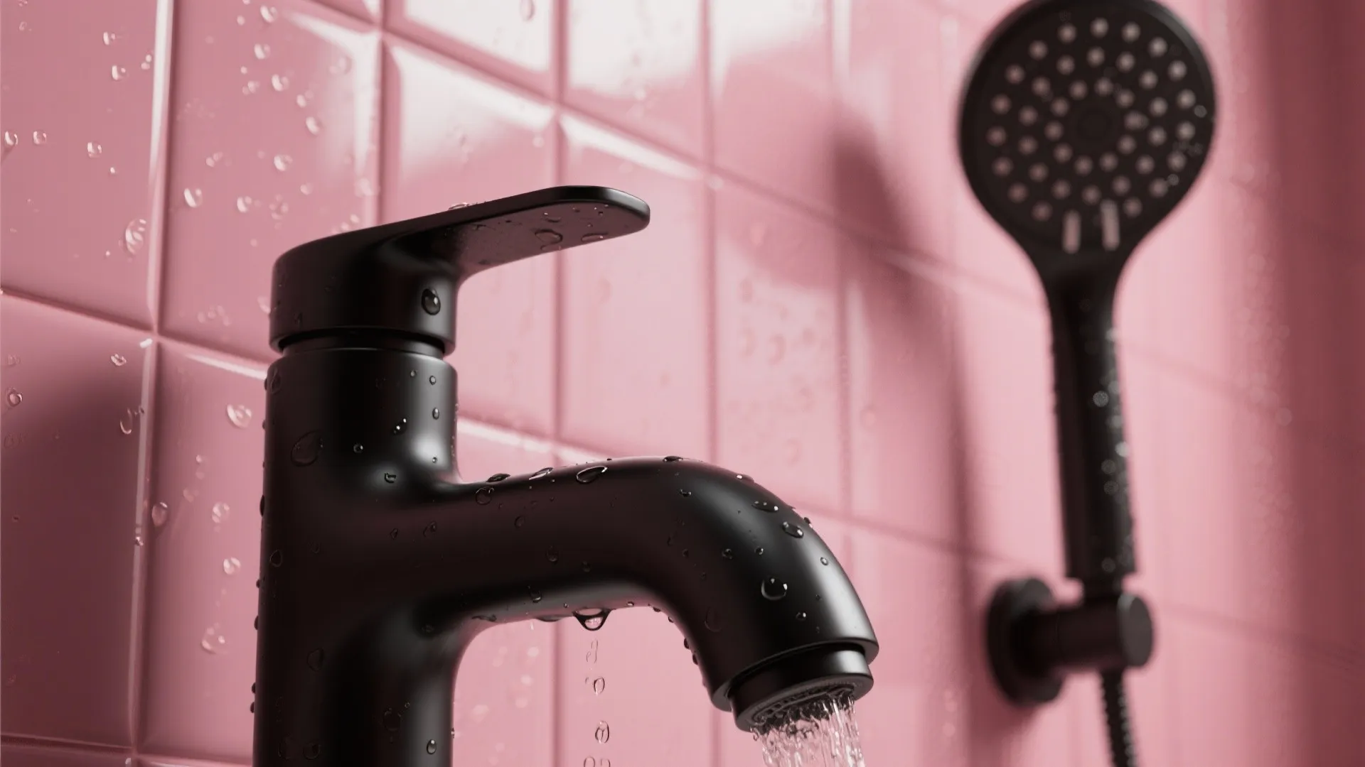 Close-up of matte black faucet and shower hardware contrasted against glossy pink tile with water droplets.