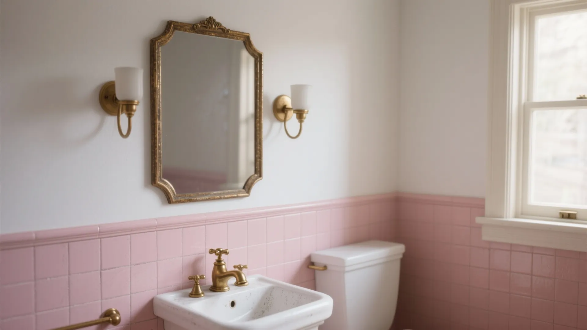 Powder room with pink tile, crisp white walls, and satin brass mirror and sconce for a vintage-modern look.