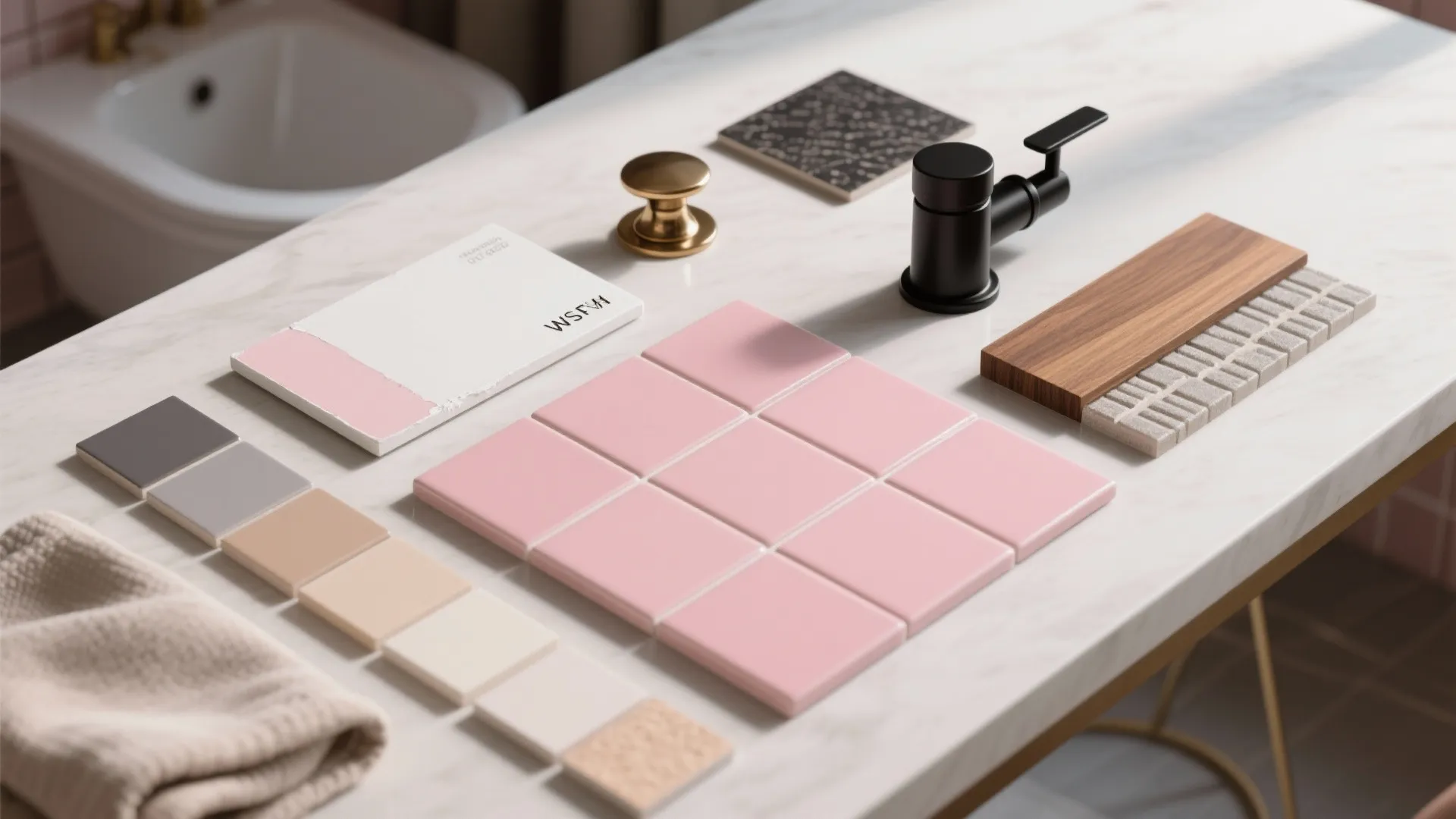 Flatlay moodboard with pink tile swatches, brass sample, matte black swatch, wood veneer, and grout chips for a bathroom palette.