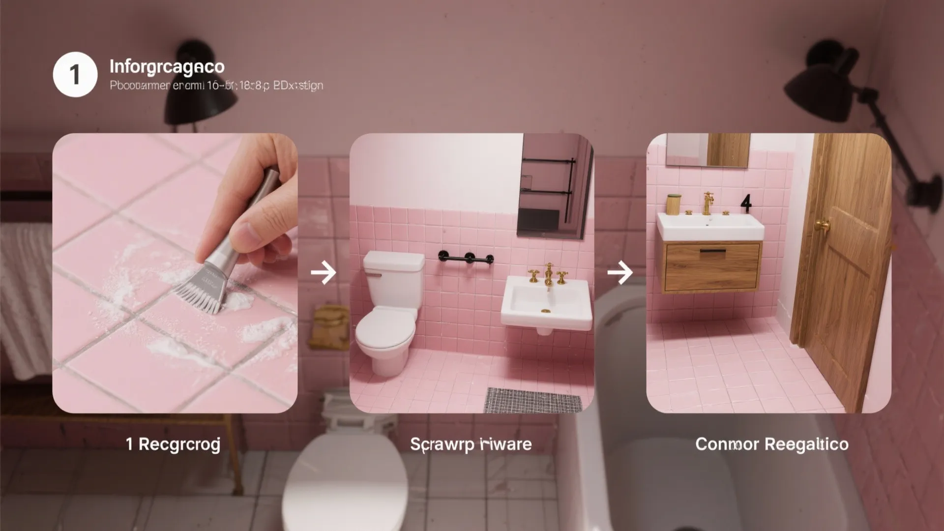 Top-down visual steps for modernizing a pink-tile bathroom: regrout, paint, swap fixtures, add wood, reglaze or tile-over.