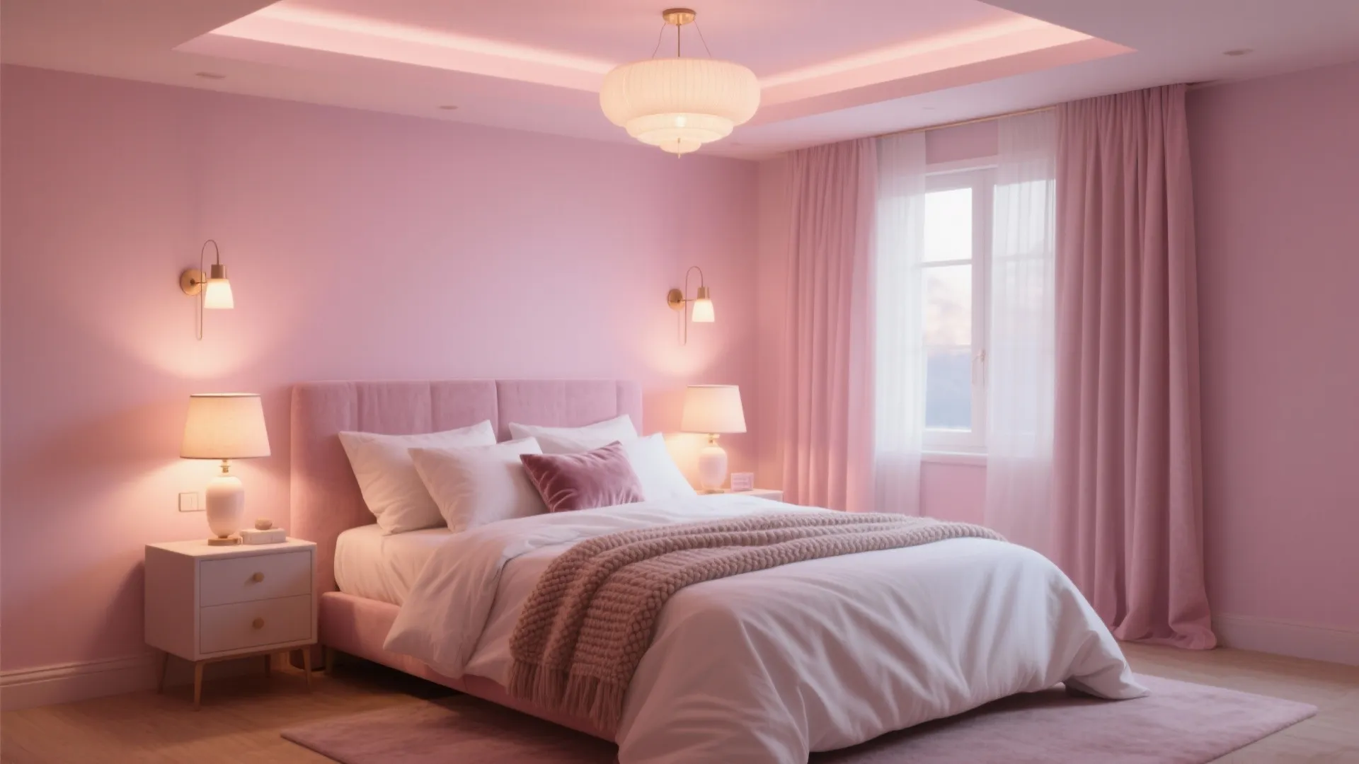 Layered Lighting and Fabrics in a Light Pink Bedroom