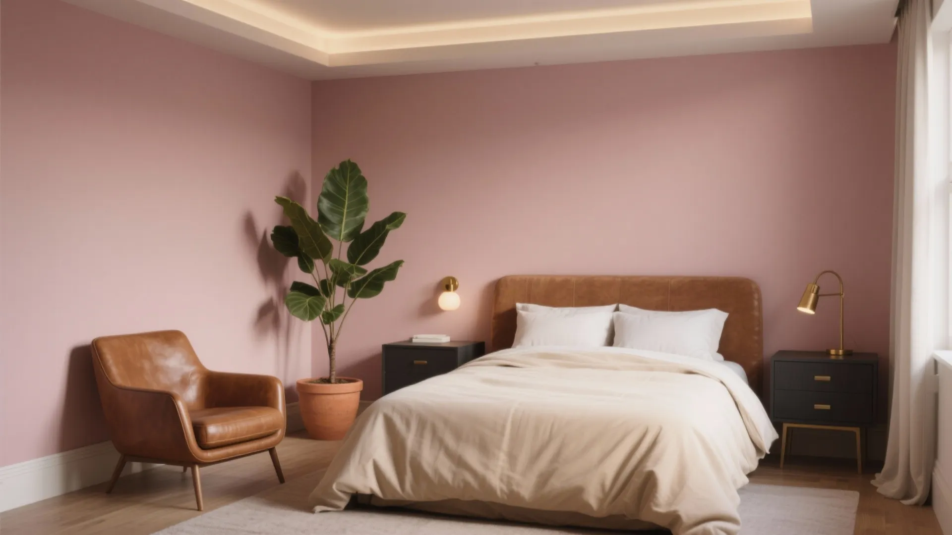 Pink bedroom featuring leather bed brown armchair large green plant black tables and gold lamps