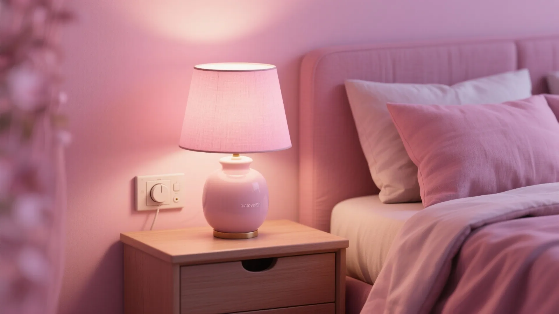 Bedroom corner with a dimmed soft pink bedside lamp and dimmer illustrating relaxation benefits and safe use