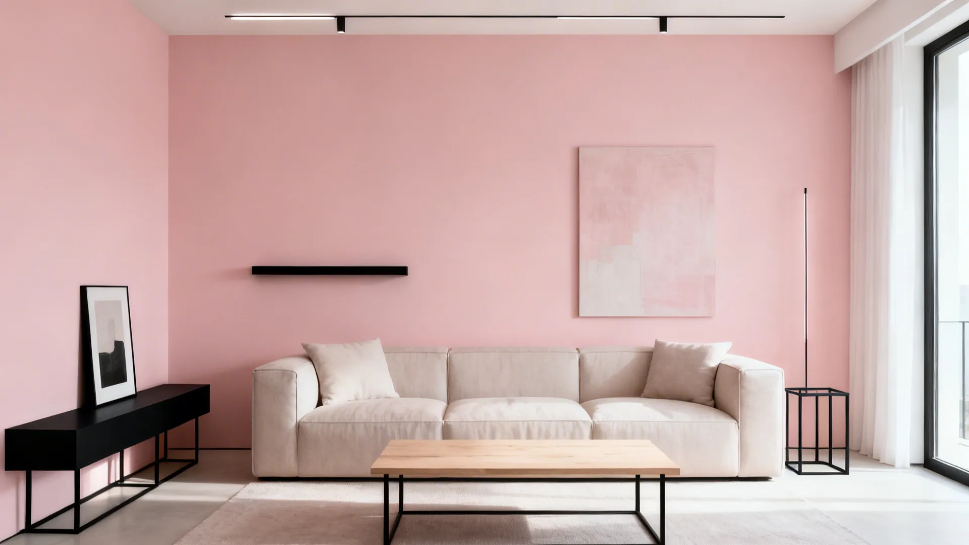 Blush wall living room with slim black console and black metal accents for contrast.