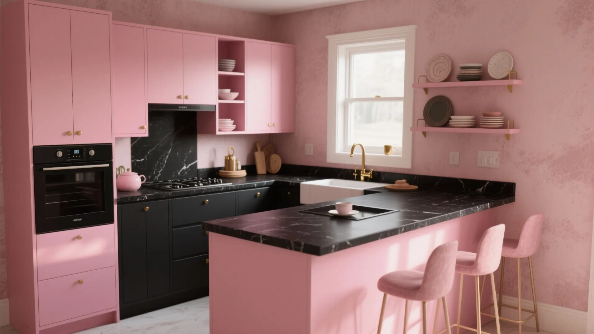 Pink and black kitchen interior design featuring a marble island and three velvet pink stools