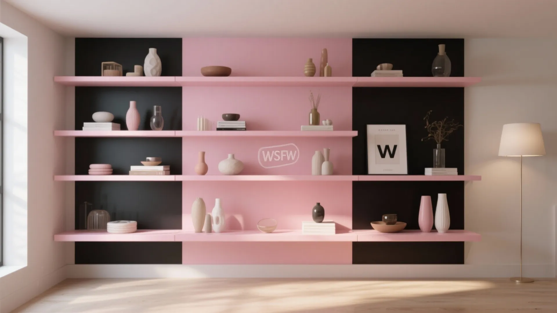 6. Pink and Black Shelving Display