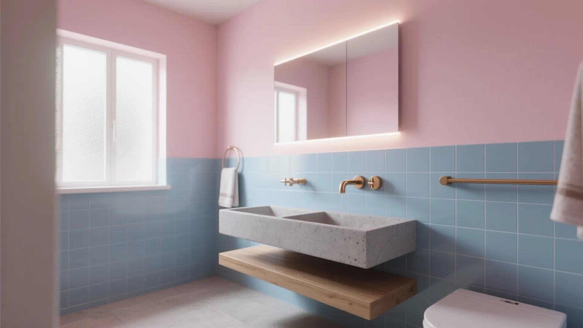 Modern bathroom with pink and blue tiles stone sink wooden shelf lighted mirror and gold faucet