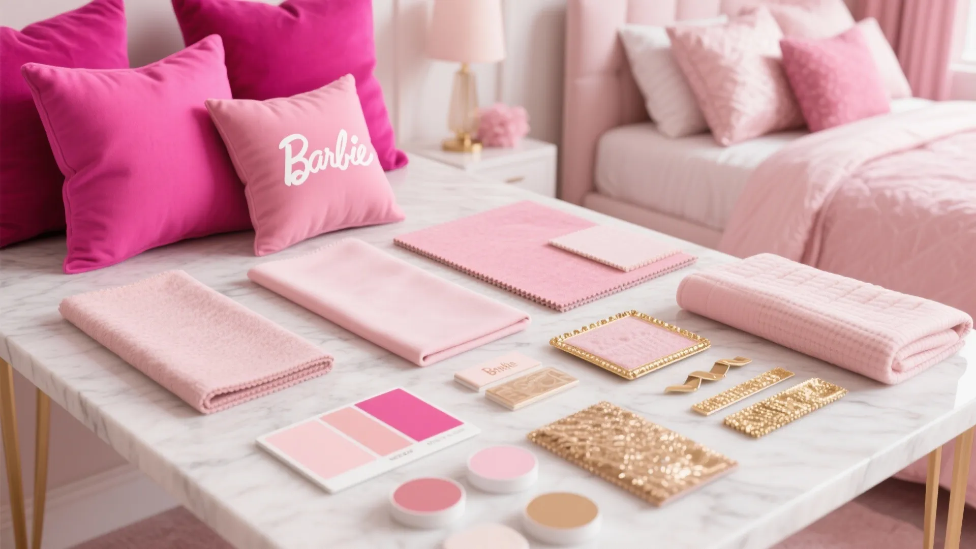 Pink interior design mood board on table featuring fabric samples, color palette, pillows and accessories
