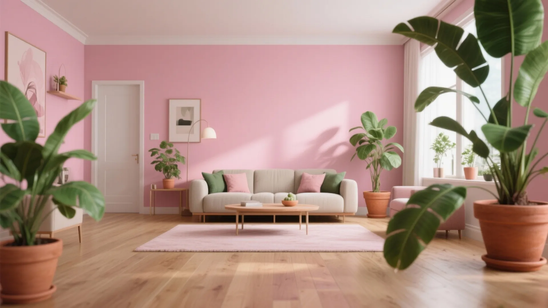 Modern pink living room with white sofa wooden floor green potted plants and natural sunlight