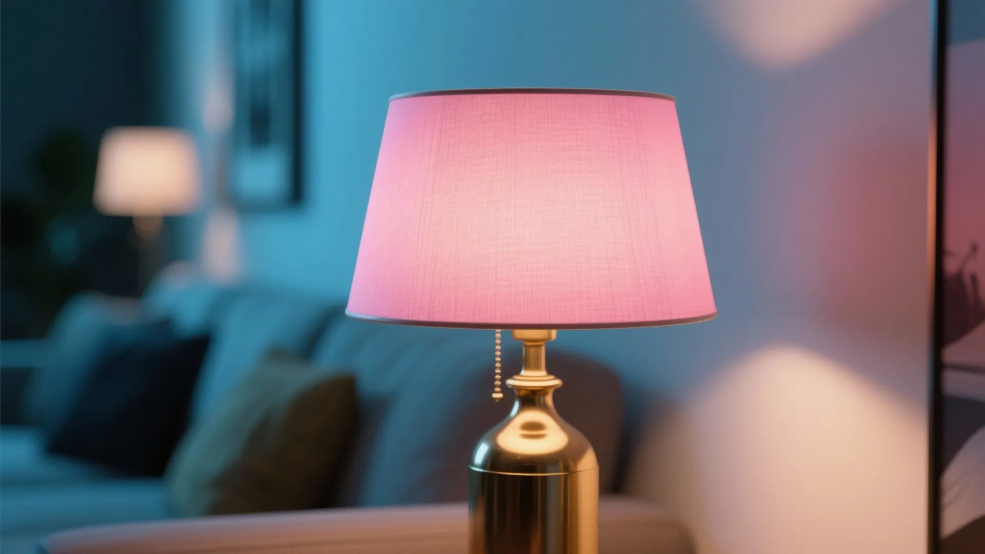 Close up of a table light fixture with pink shade and golden base in a room