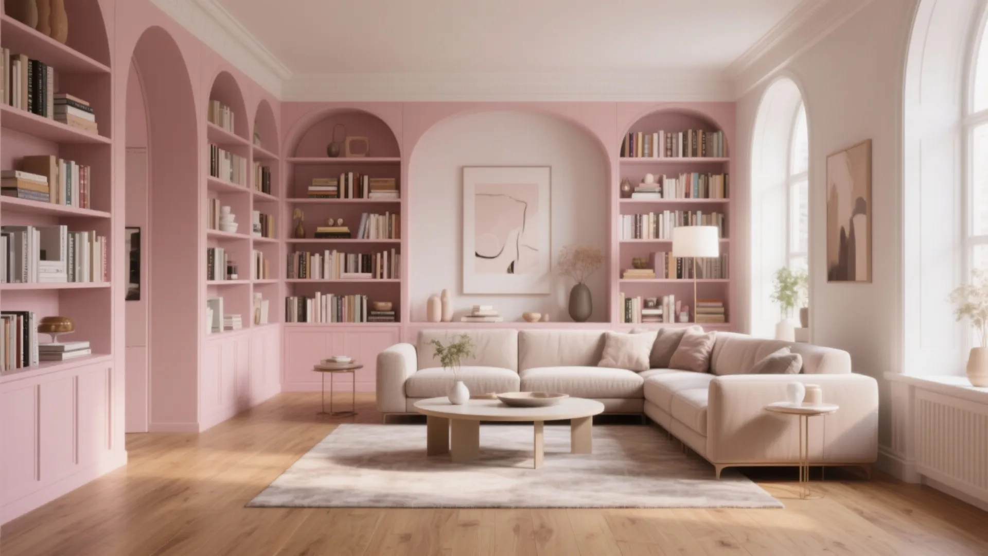 Cozy living room with pink arched wall shelves cream corner sofa and large round windows