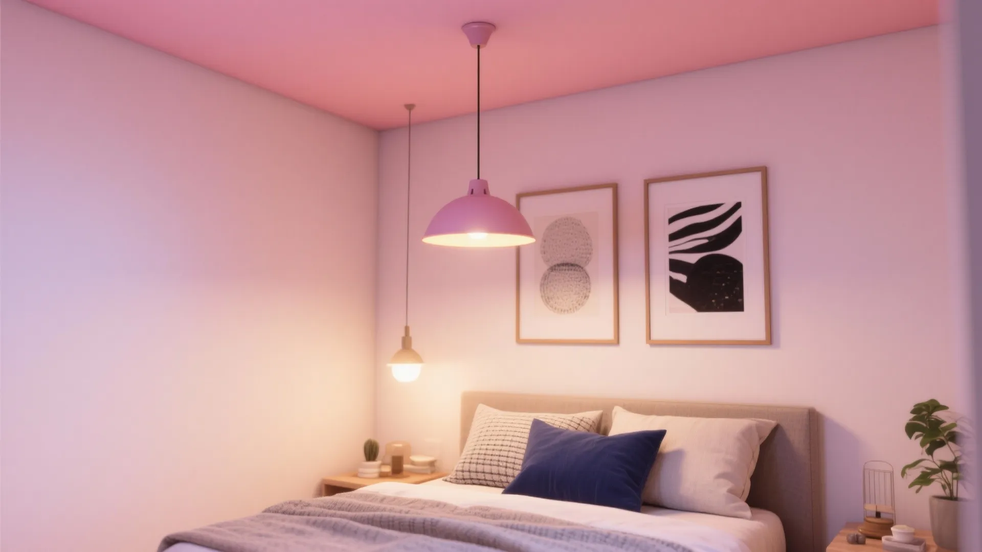 Modern bedroom with pink ceiling, pink ceiling light, bed with grey blanket, and wall art