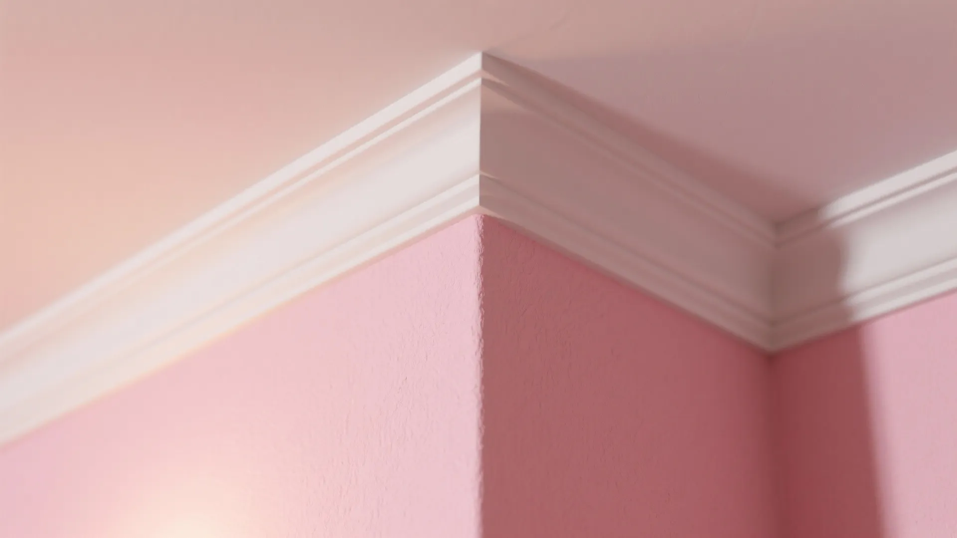 Close up view of white decorative wall panel molding on a light pink painted wall
