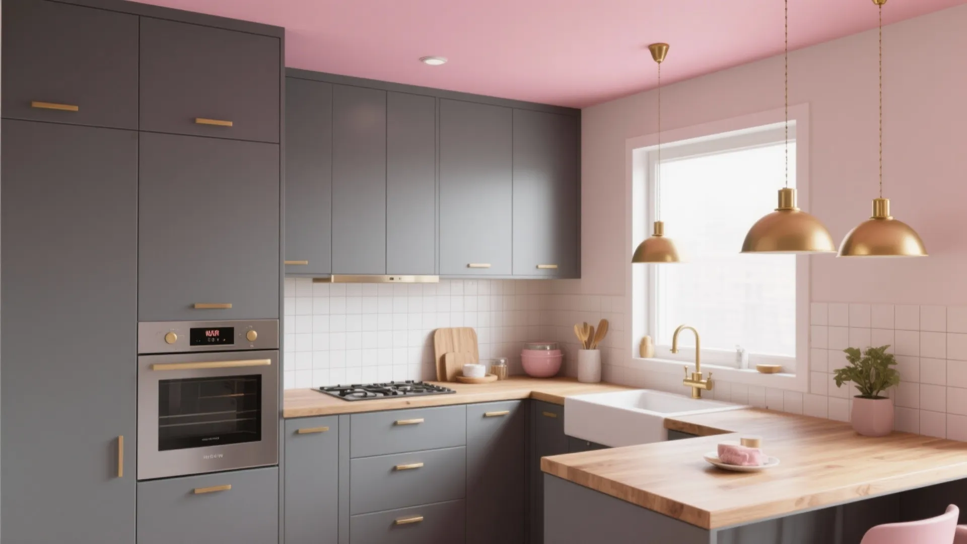 Modern kitchen with grey cabinets gold handles pink ceiling wood countertop and three gold lights