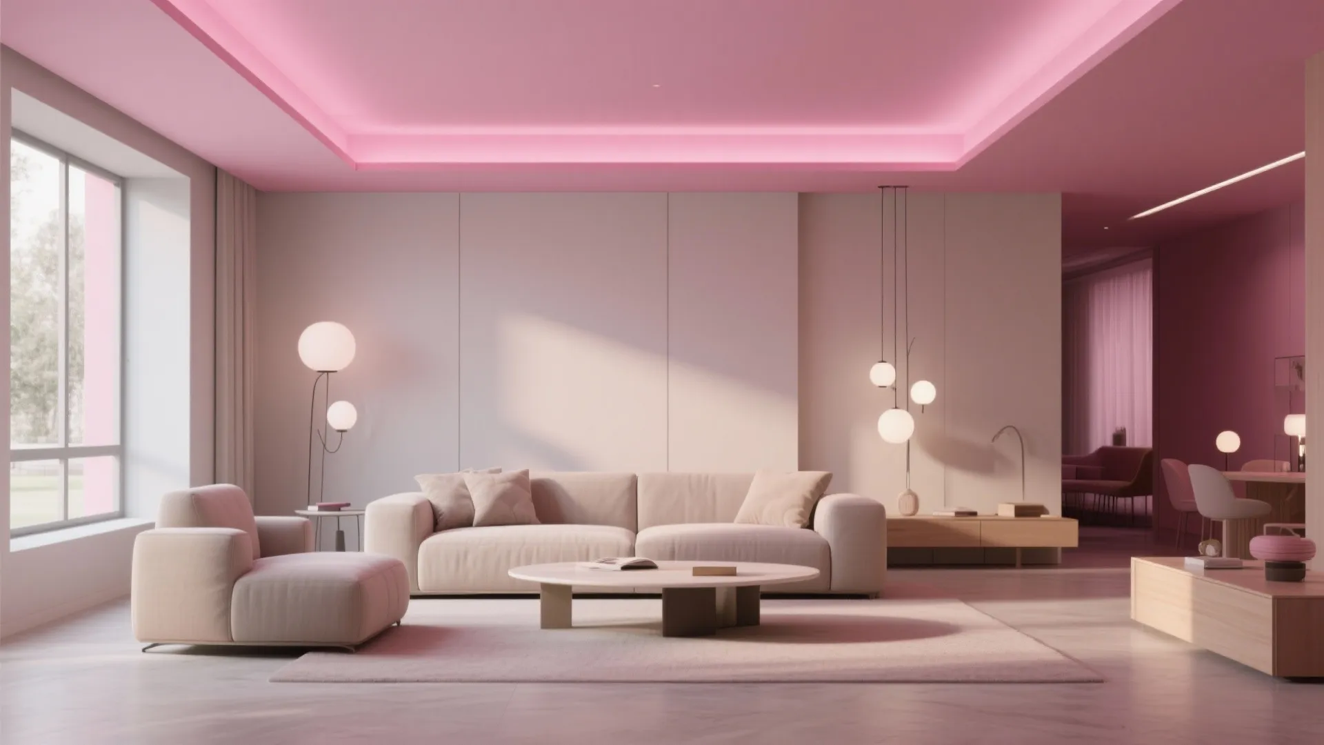 Modern living room featuring a pink ceiling with hidden light and beige sofa with chairs