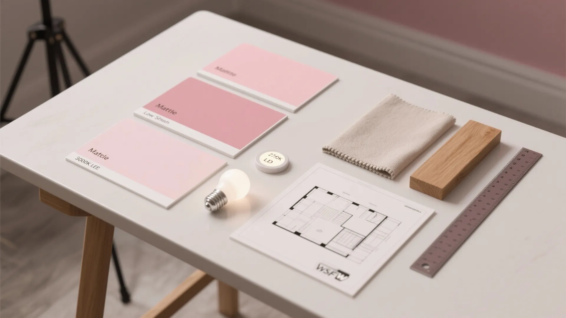 Interior design materials with pink color samples and floor plan plus light bulb on table