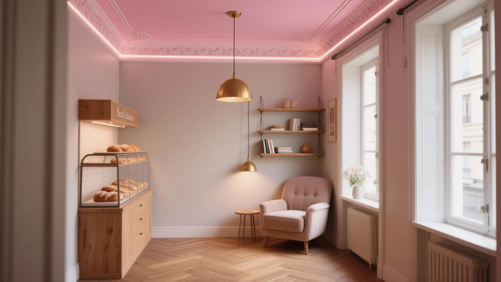 Cozy studio room with pink ceiling, white wall panel, gold ceiling light, and pink armchair