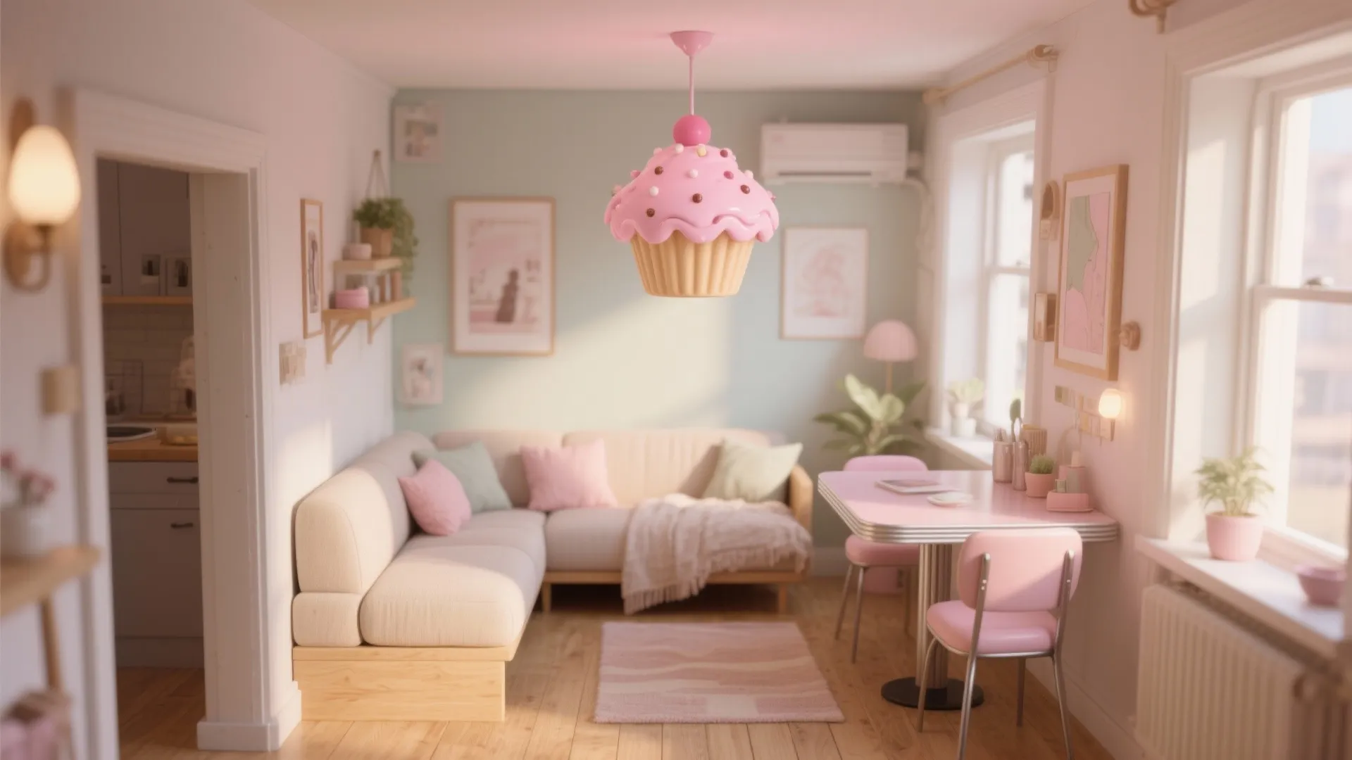 Small studio room with pink cupcake ceiling light beige sofa dining table and wooden floor