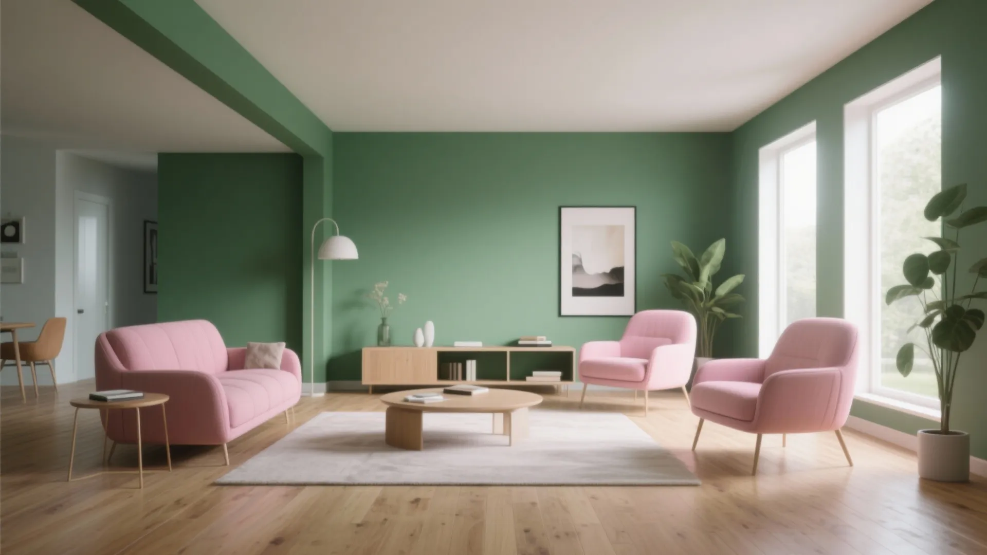 6. Pink Accent Chairs in a Green-Toned Space
